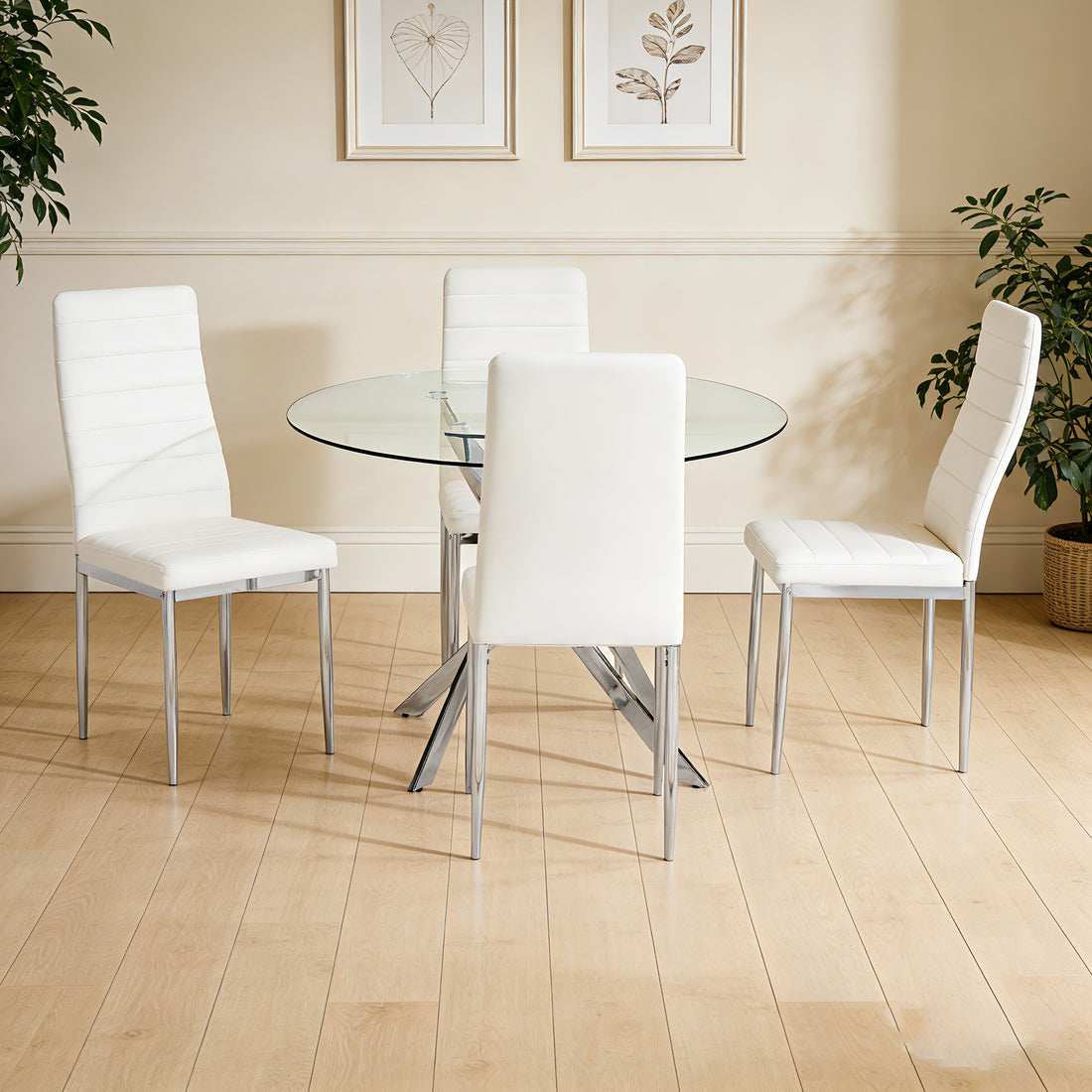 D108 - White - Glass Table + 4 Chairs - D108 White Dining Set