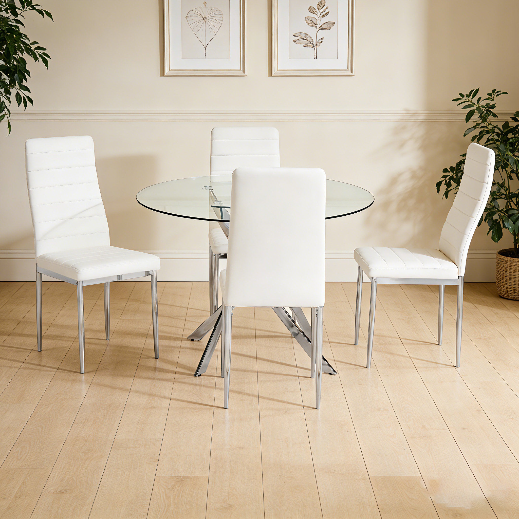 D108 - White - Glass Table + 4 Chairs - D108 White Dining Set