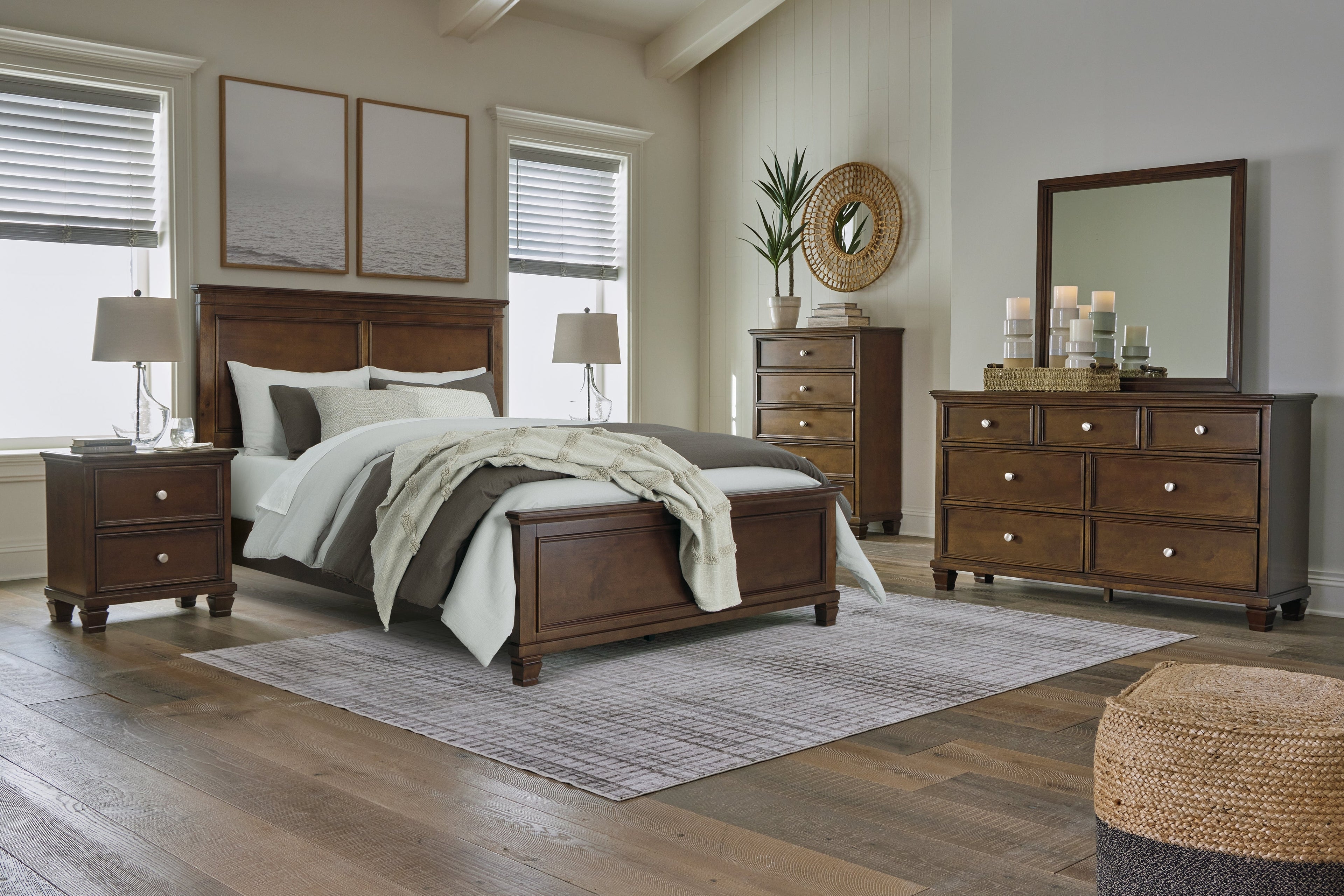 Danabrin Queen Panel Bed with Mirrored Dresser, Chest and Nightstand in Brown - PKG015180