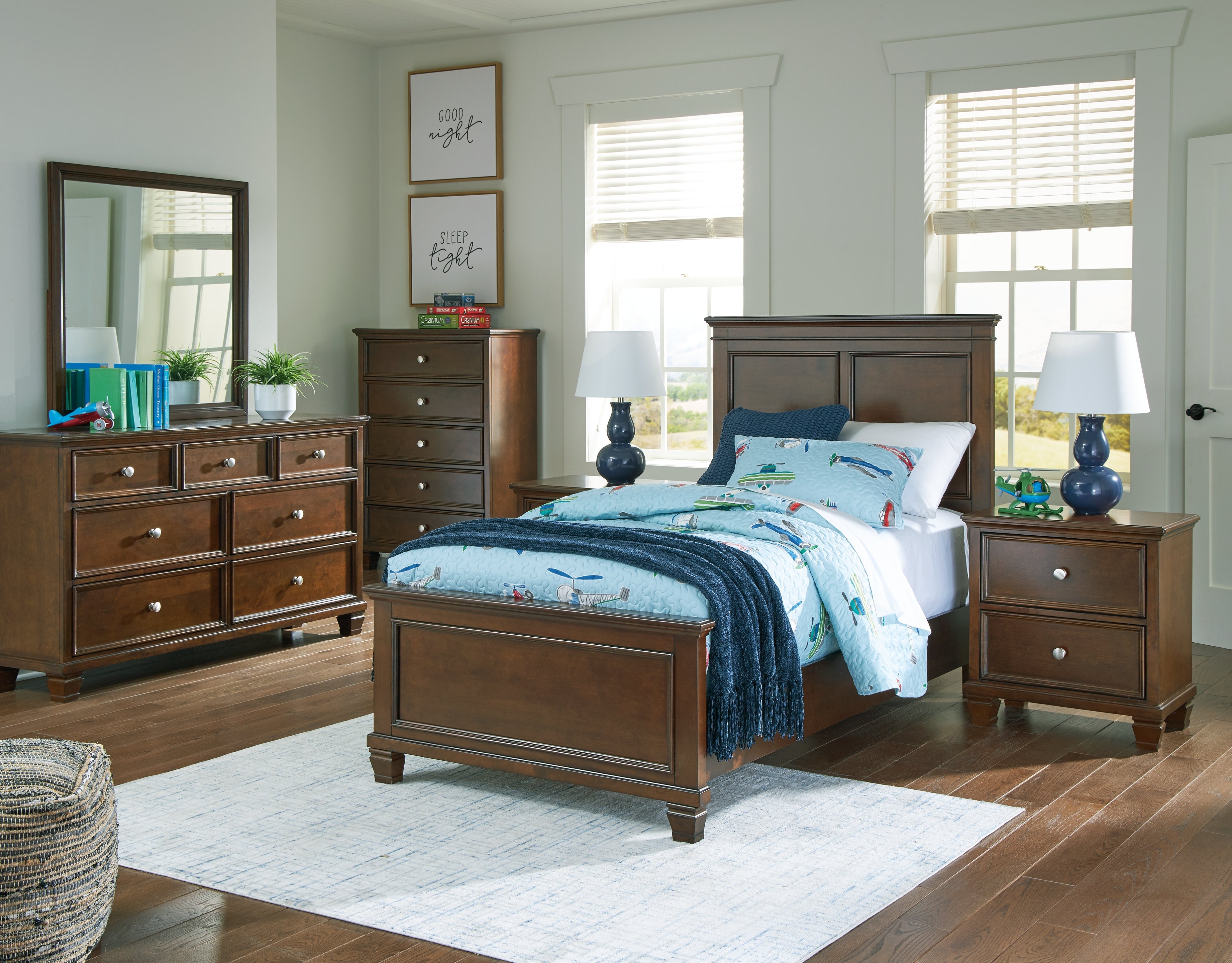 Danabrin Twin Panel Bed with Mirrored Dresser and Chest in Brown - PKG015197