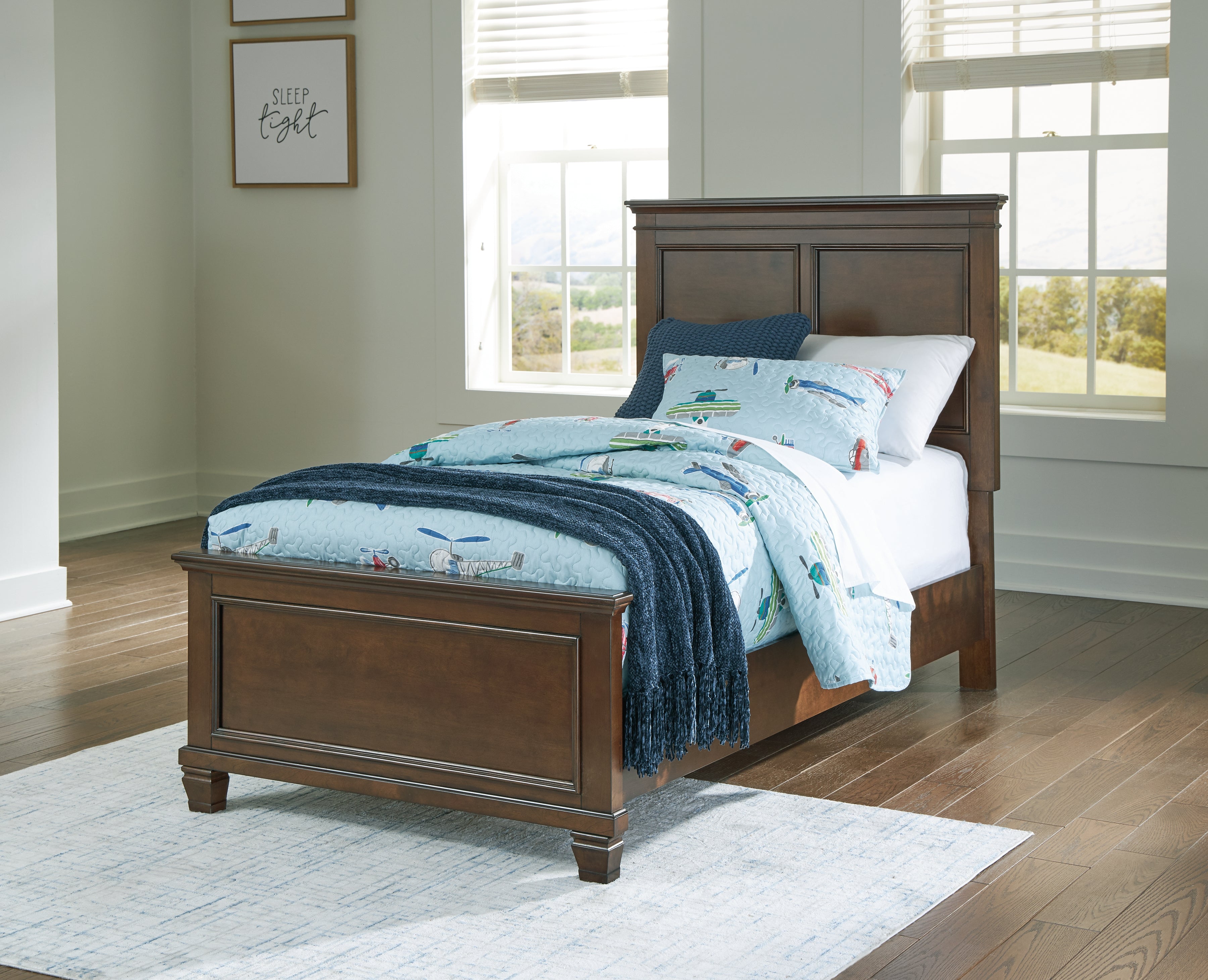 Danabrin Twin Panel Bed with Mirrored Dresser and Nightstand in Brown - PKG015196