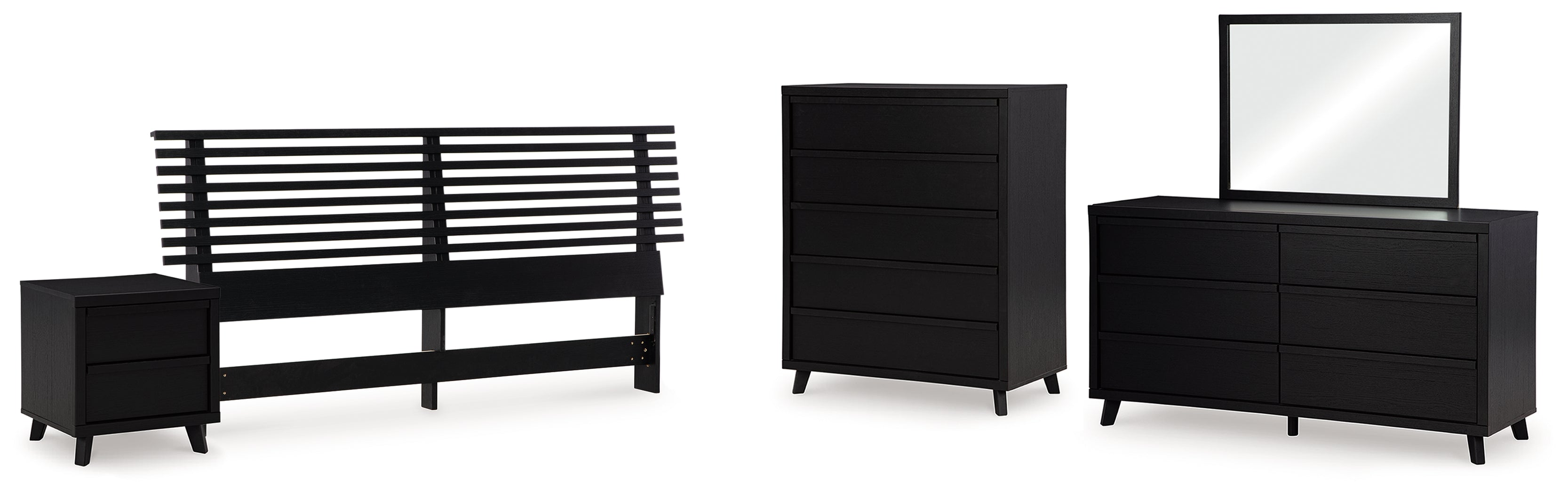Danziar King Panel Headboard with Mirrored Dresser, Chest and Nightstand in Black - PKG016014