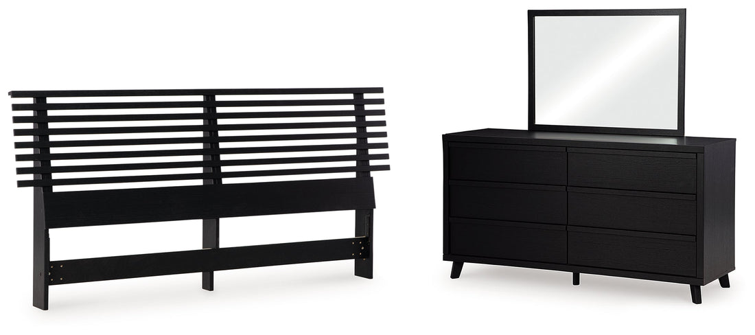 Danziar King Panel Headboard with Mirrored Dresser in Black - PKG016009