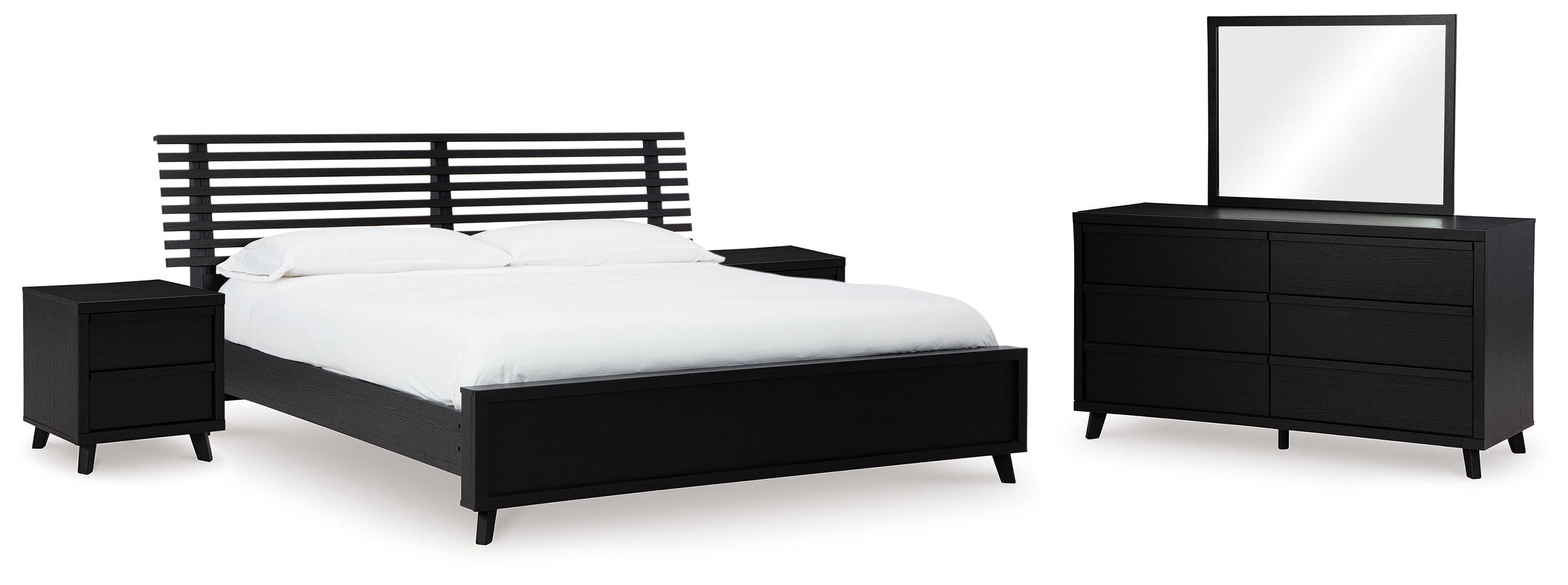 Danziar Queen Panel Bed with Mirrored Dresser and 2 Nightstands in Black - PKG015896