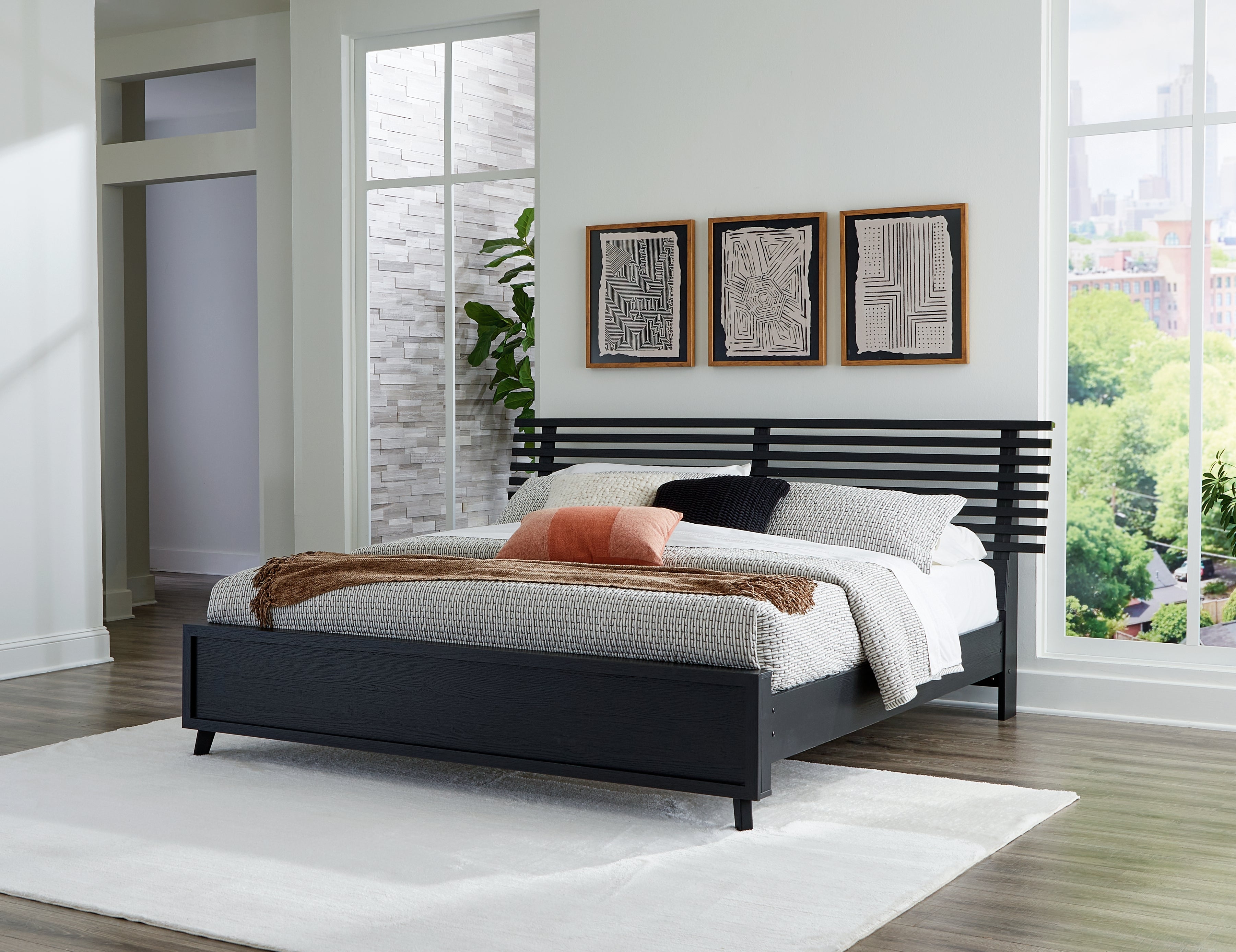 Danziar Queen Panel Bed with Mirrored Dresser and Nightstand in Black - PKG015898