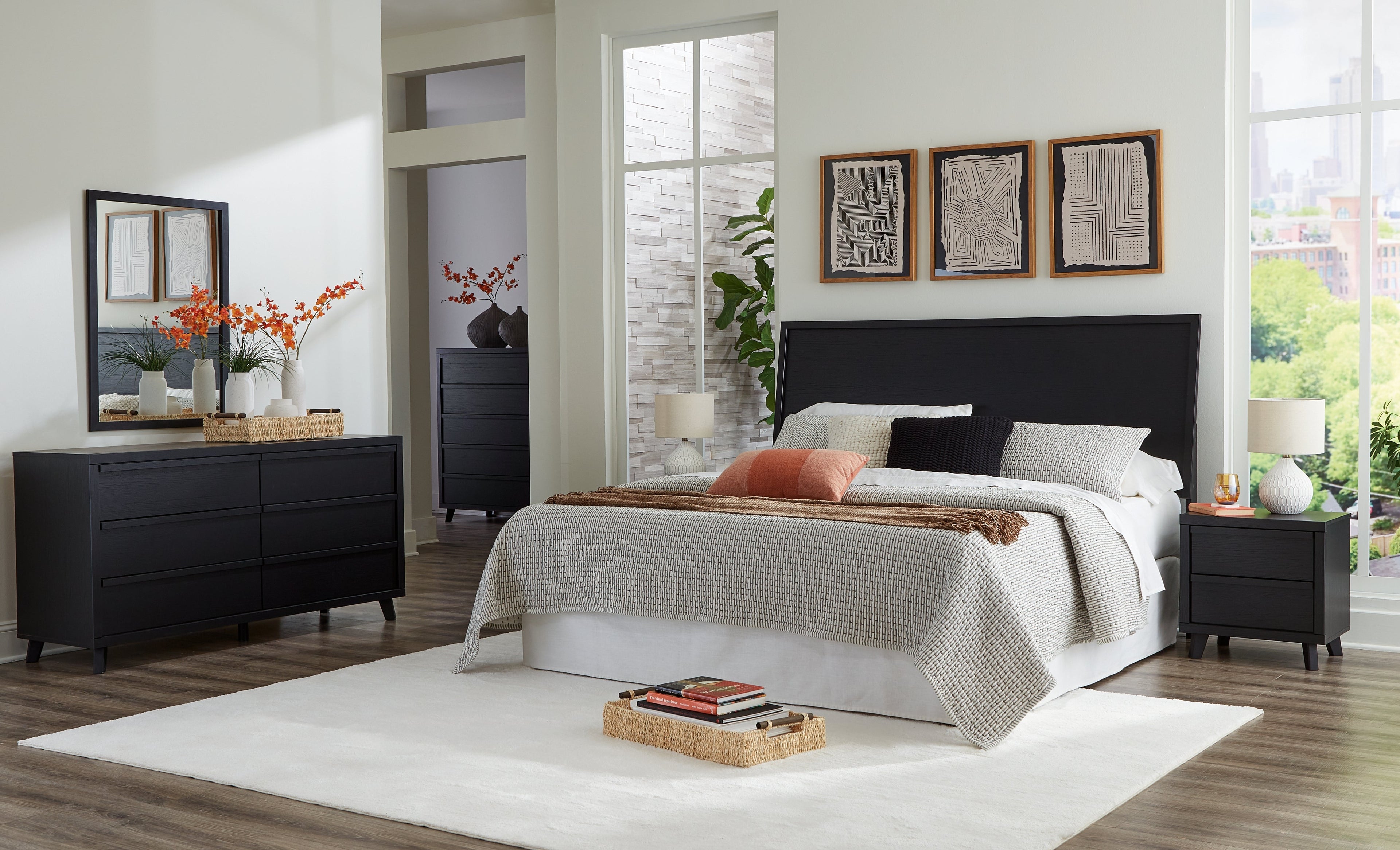 Danziar Queen Panel Headboard with Mirrored Dresser and Chest in Black from Ashley - Luna Furniture
