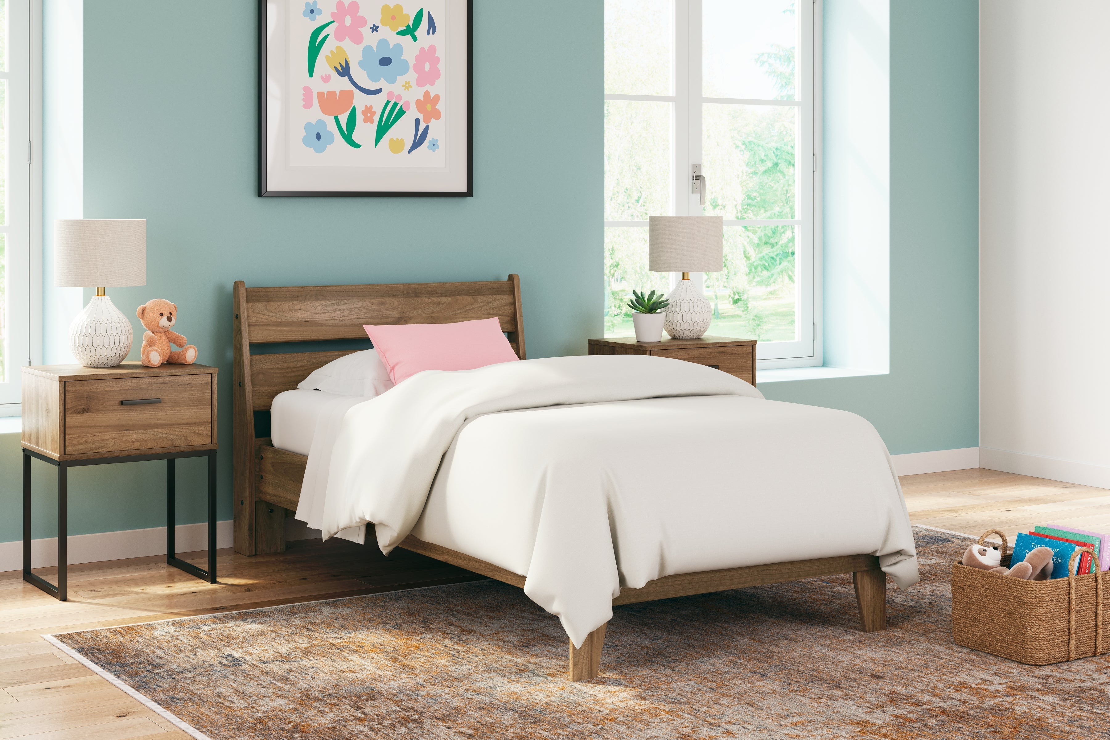 Deanlow Twin Platform Panel Bed with Dresser and 2 Nightstands in Honey - PKG017199
