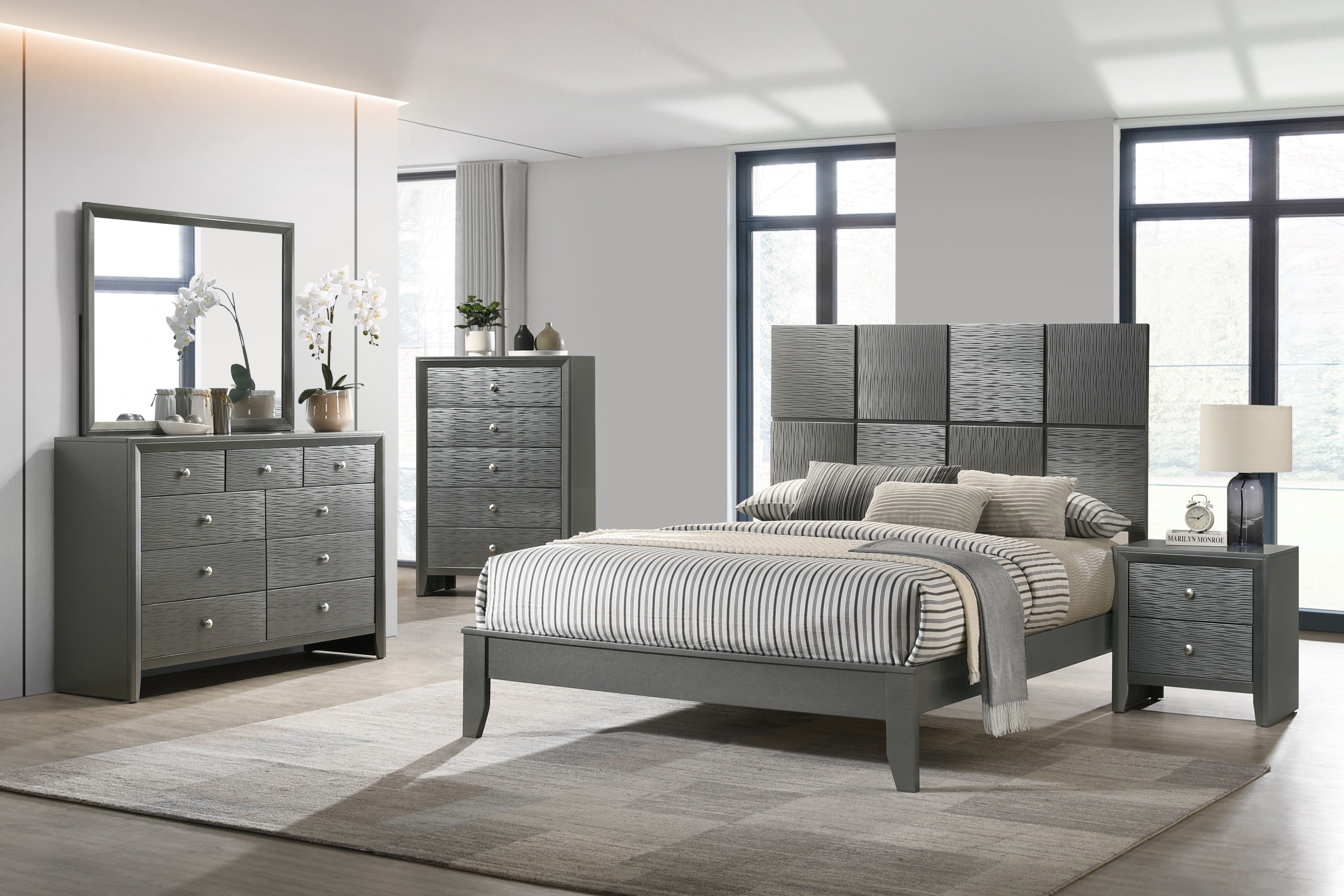 Denker Gunmetal Panel Bedroom Set - SET | B4715-Q-HBFB | B4715-Q-RAIL | B4715-2 | B4715-4 - Bien Home Furniture &amp; Electronics