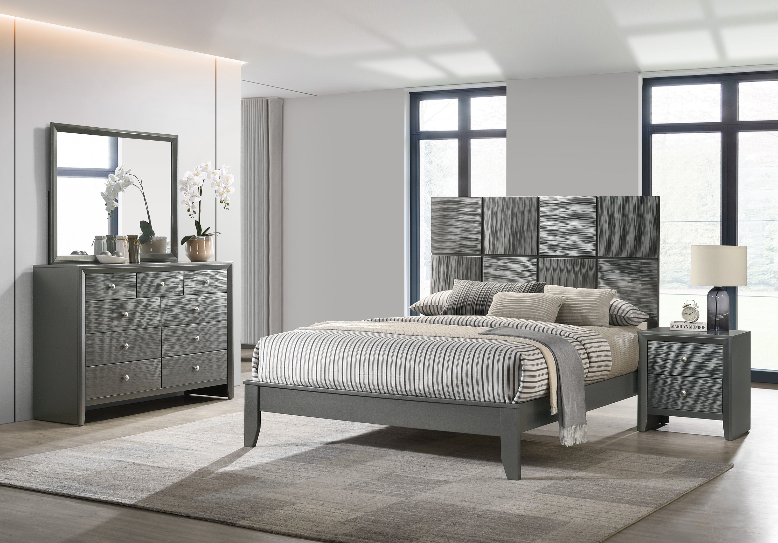 Denker Gunmetal Panel Bedroom Set - SET | B4715-Q-HBFB | B4715-Q-RAIL | B4715-2 | B4715-4 - Bien Home Furniture &amp; Electronics