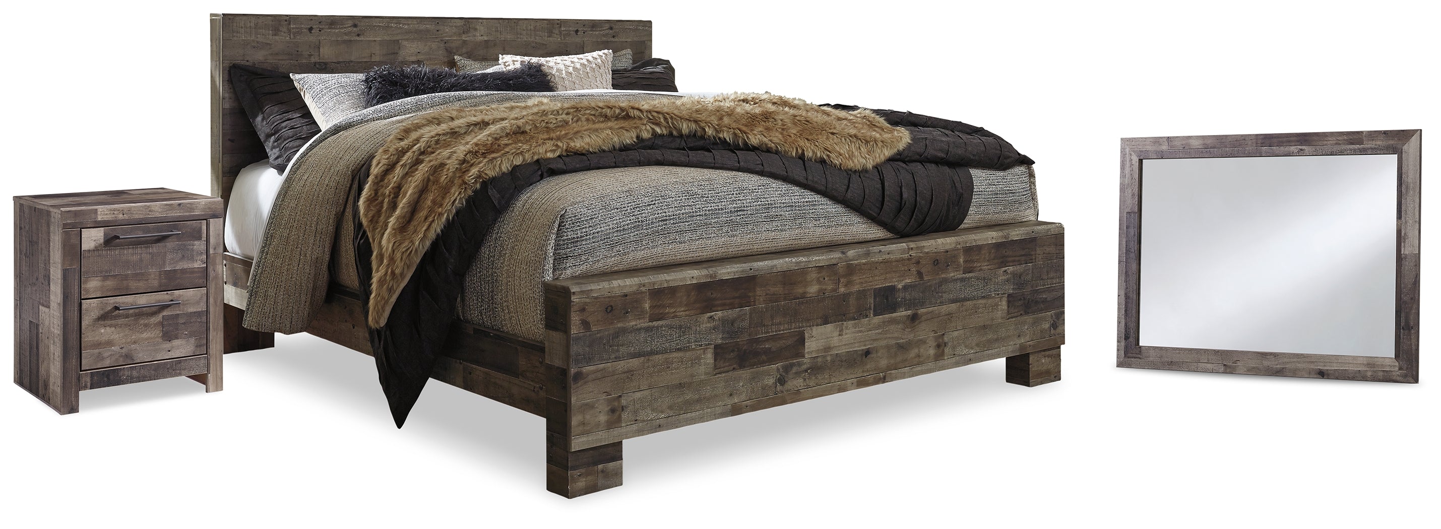 Derekson Multi Gray King Panel Bed, Mirror and Nightstand - B200B62