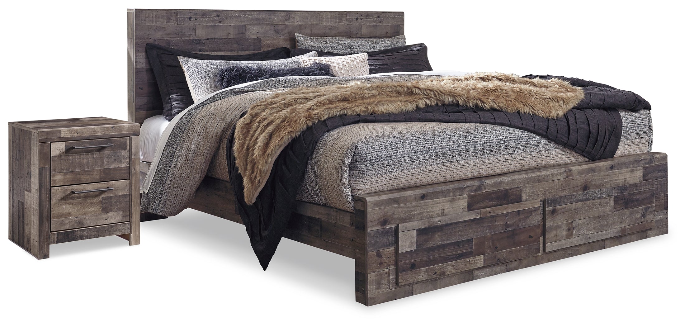 Derekson Multi Gray King Panel Storage Bed and 2 Nightstands - B200B55