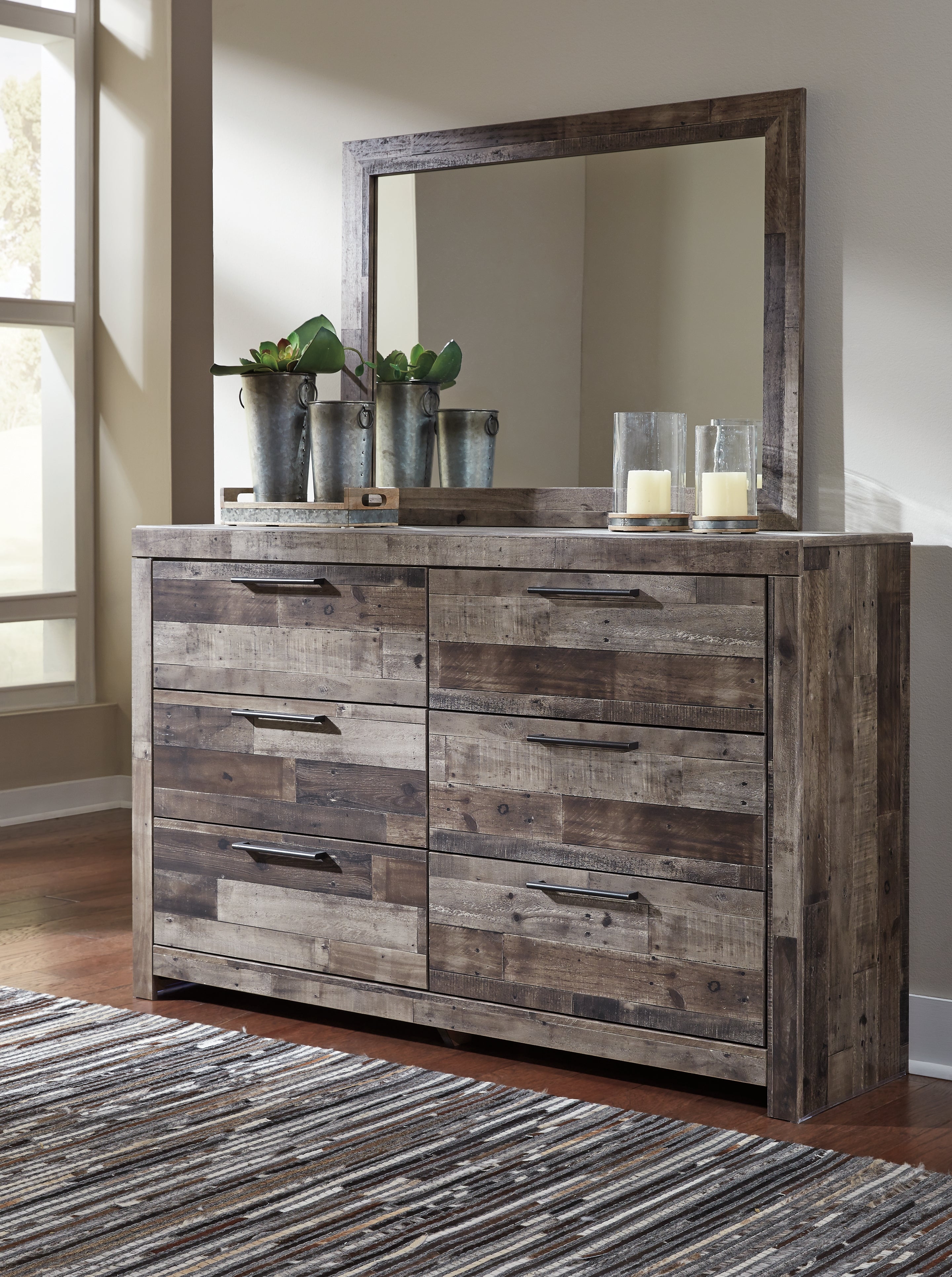Derekson Multi Gray Queen Panel Headboard, Dresser, Mirror and Nightstand - B200B45