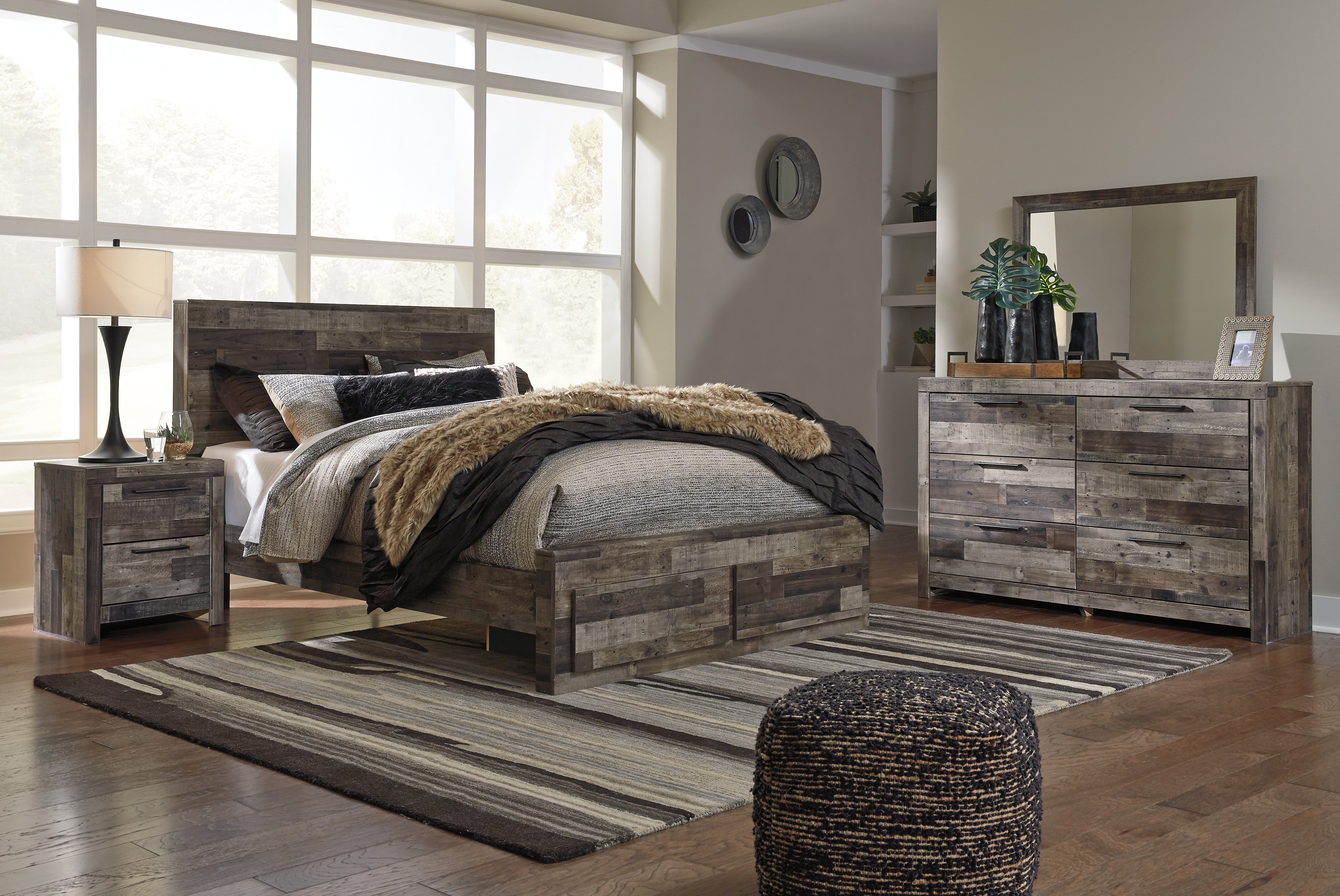 Derekson Multi Gray Queen Panel Storage Bed, Dresser, Mirror and 2 Nightstands - B200B49