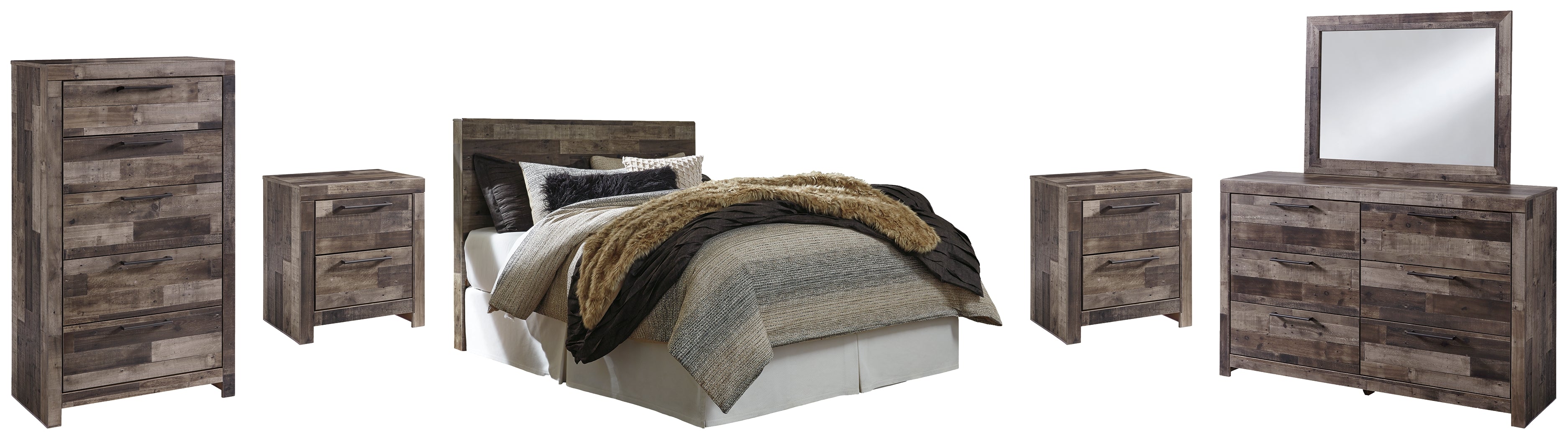 Derekson Queen/Full Panel Headboard Bed with Mirrored Dresser, Chest and 2 Nightstands in Multi Gray from Ashley - Luna Furniture