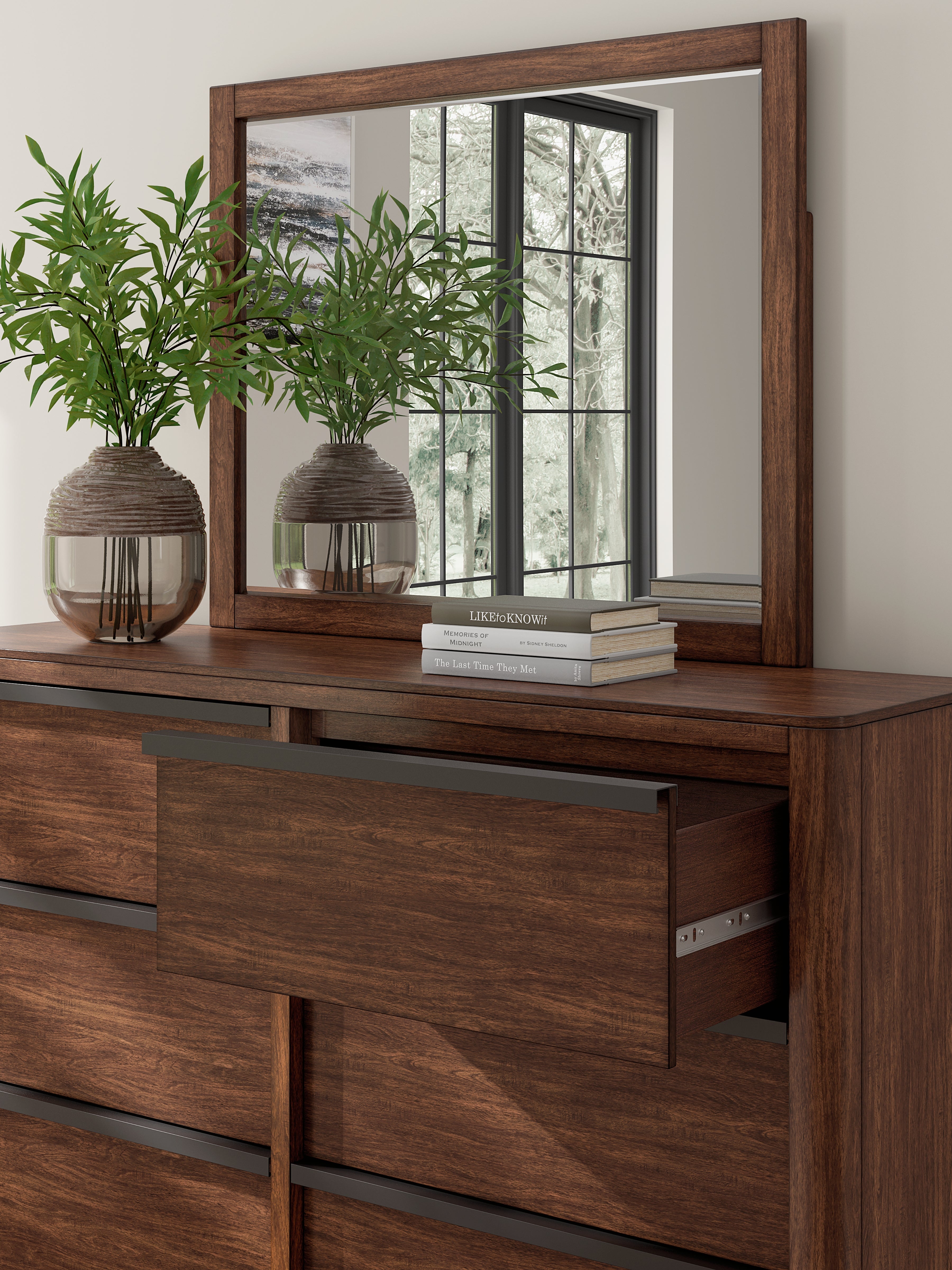 Dilenno Queen Canopy Bed with Mirrored Dresser and Chest in Dark Brown from Ashley - Luna Furniture