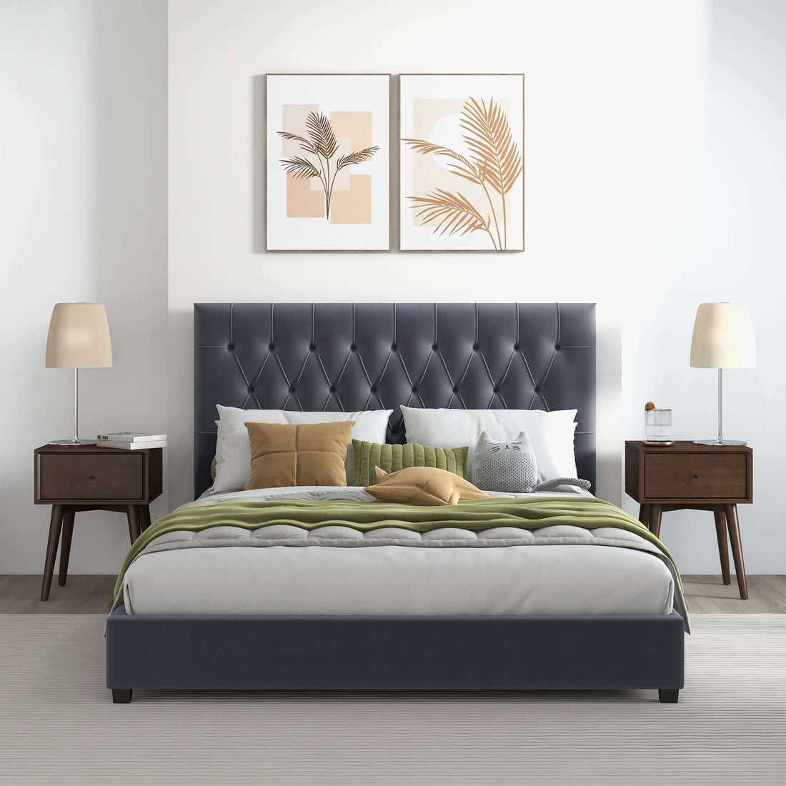 Donald Mid Century Modern Grey Velvet Platform Bed King - BED00500604