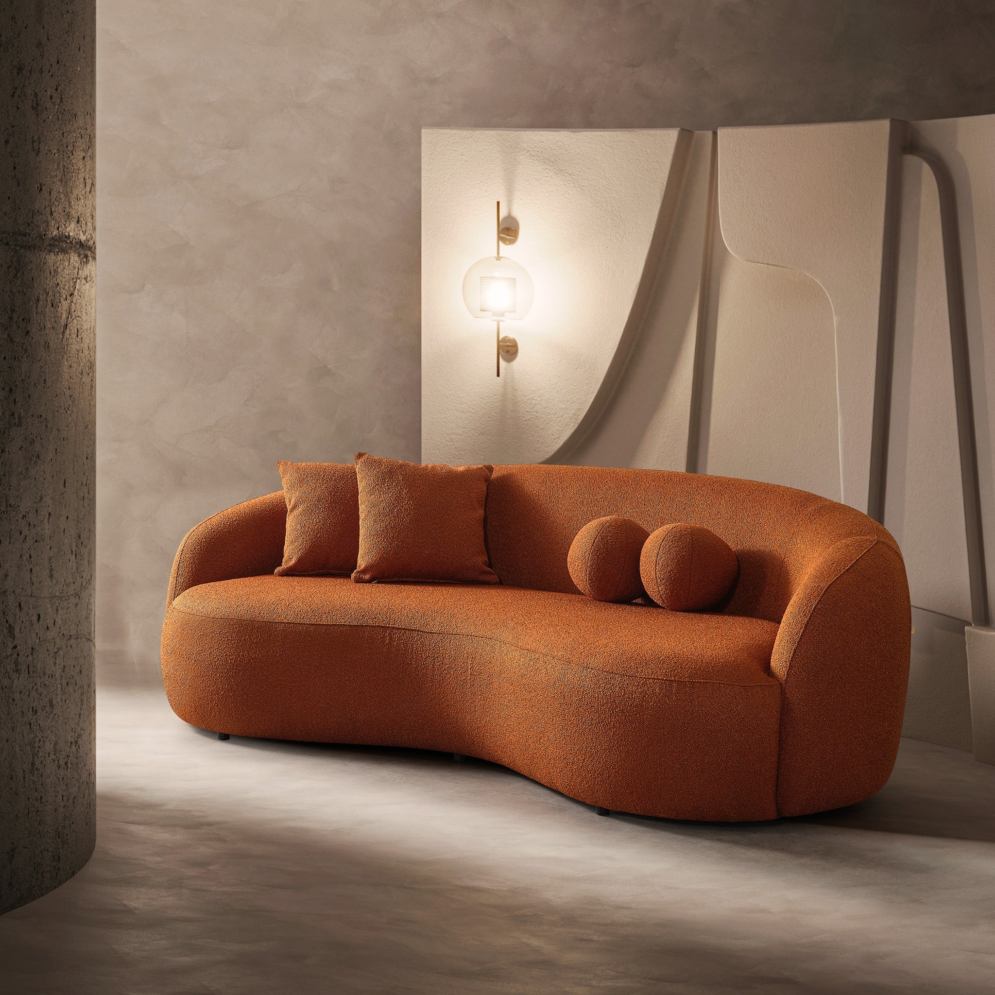 Drake Burnt Orange Japandi Style Curvy Boucle Sofa - SOF02600603