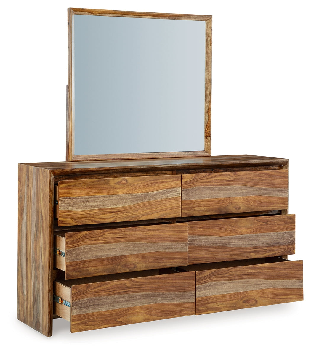 Dressonni California King Panel Bed with Mirrored Dresser in Brown - PKG018787