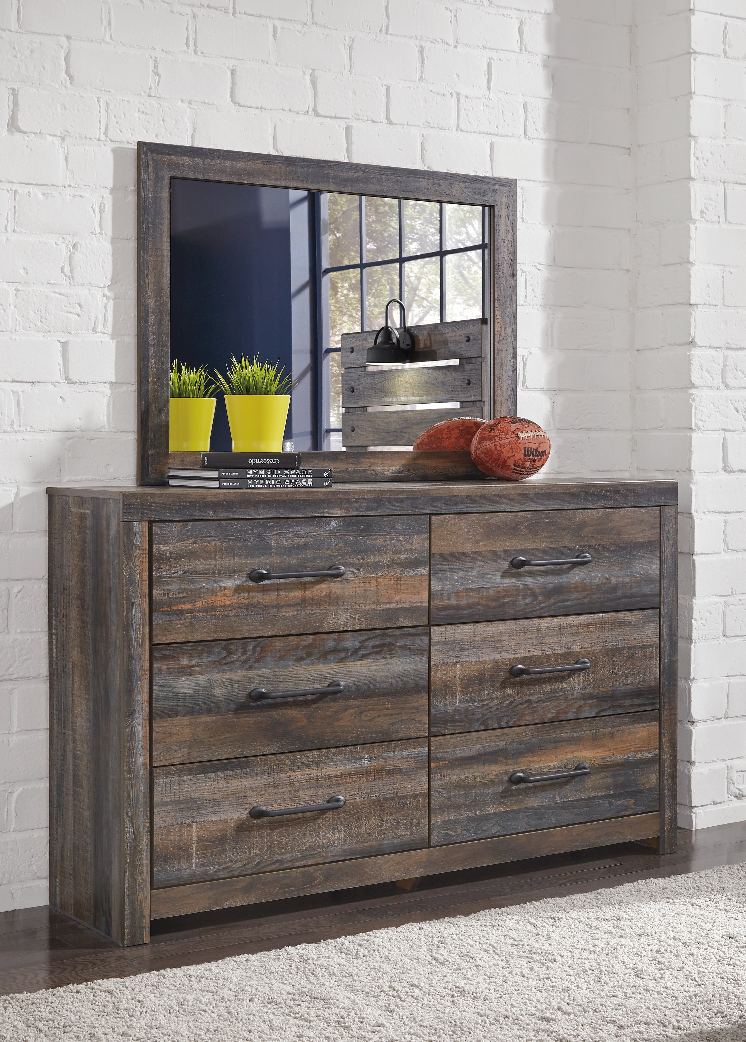Drystan Full Bookcase Bed with 2 Storage Drawers with Mirrored Dresser and Chest in Multi - PKG003237