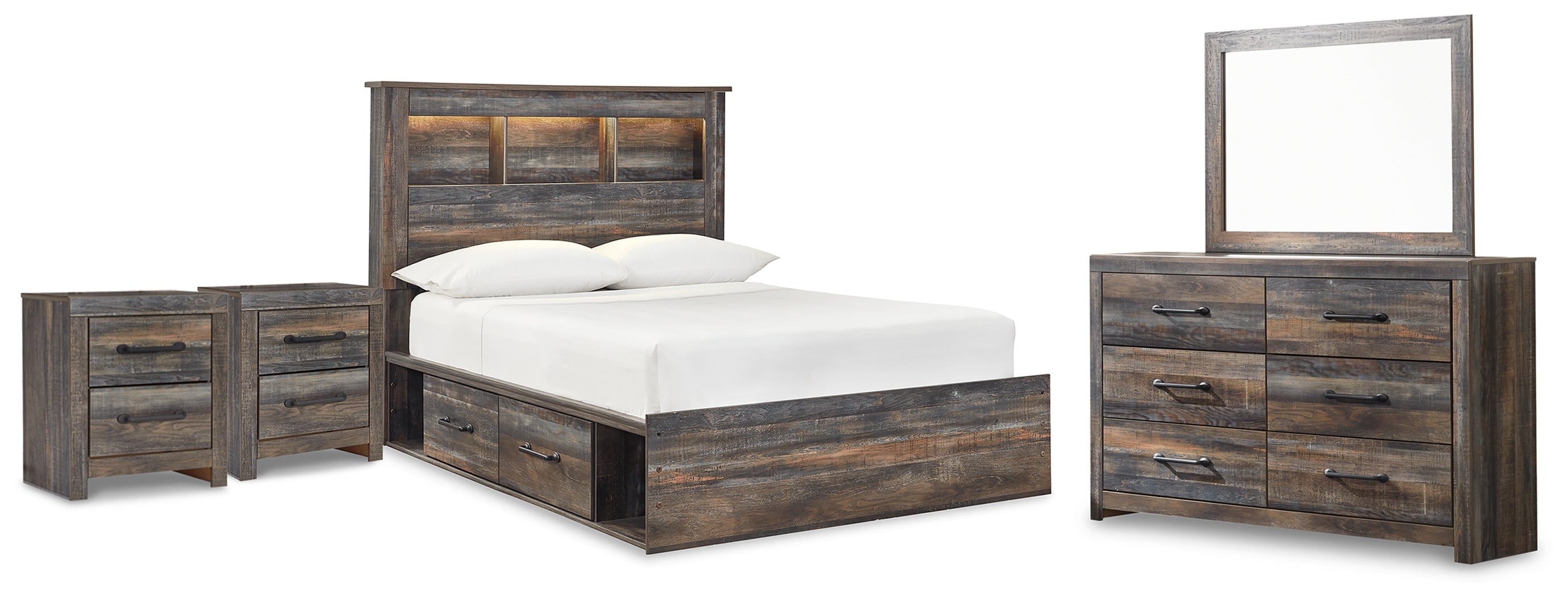 Drystan Full Bookcase Storage Bed, Dresser, Mirror and 2 Nightstands - B211B98