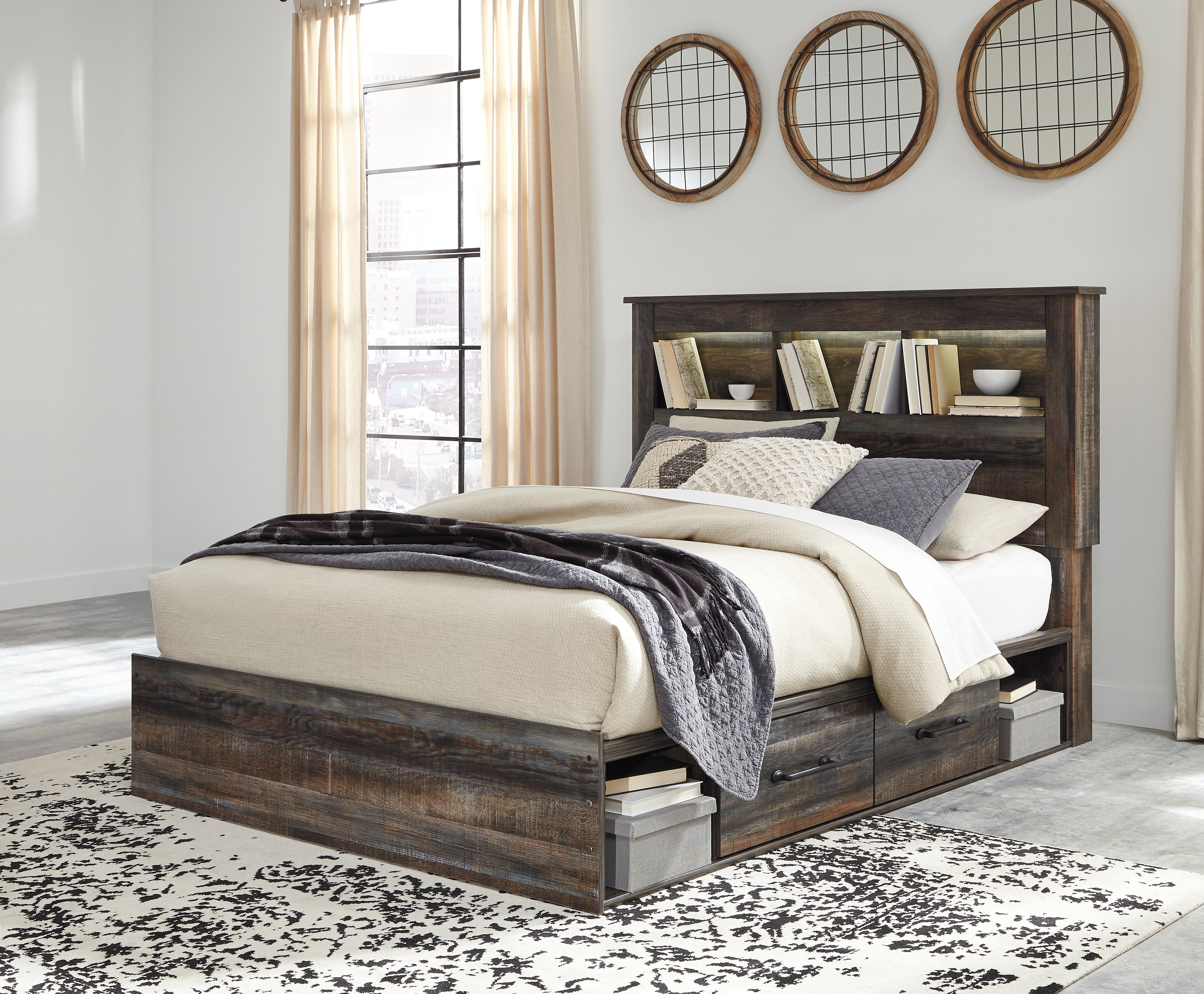 Drystan Queen Bookcase Bed with 4 Storage Drawers with Dresser in Multi - PKG003216
