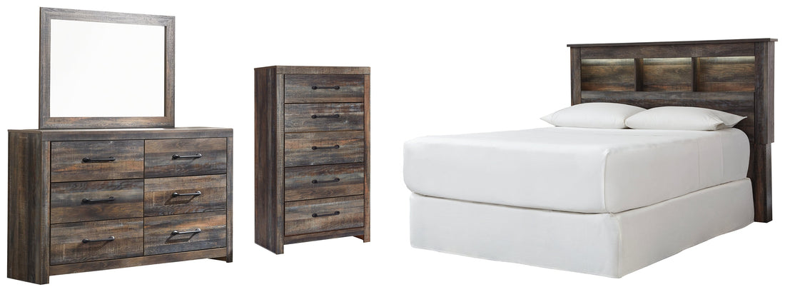 Drystan Queen/Full Bookcase Headboard Bed with Mirrored Dresser and Chest in Multi - PKG003137