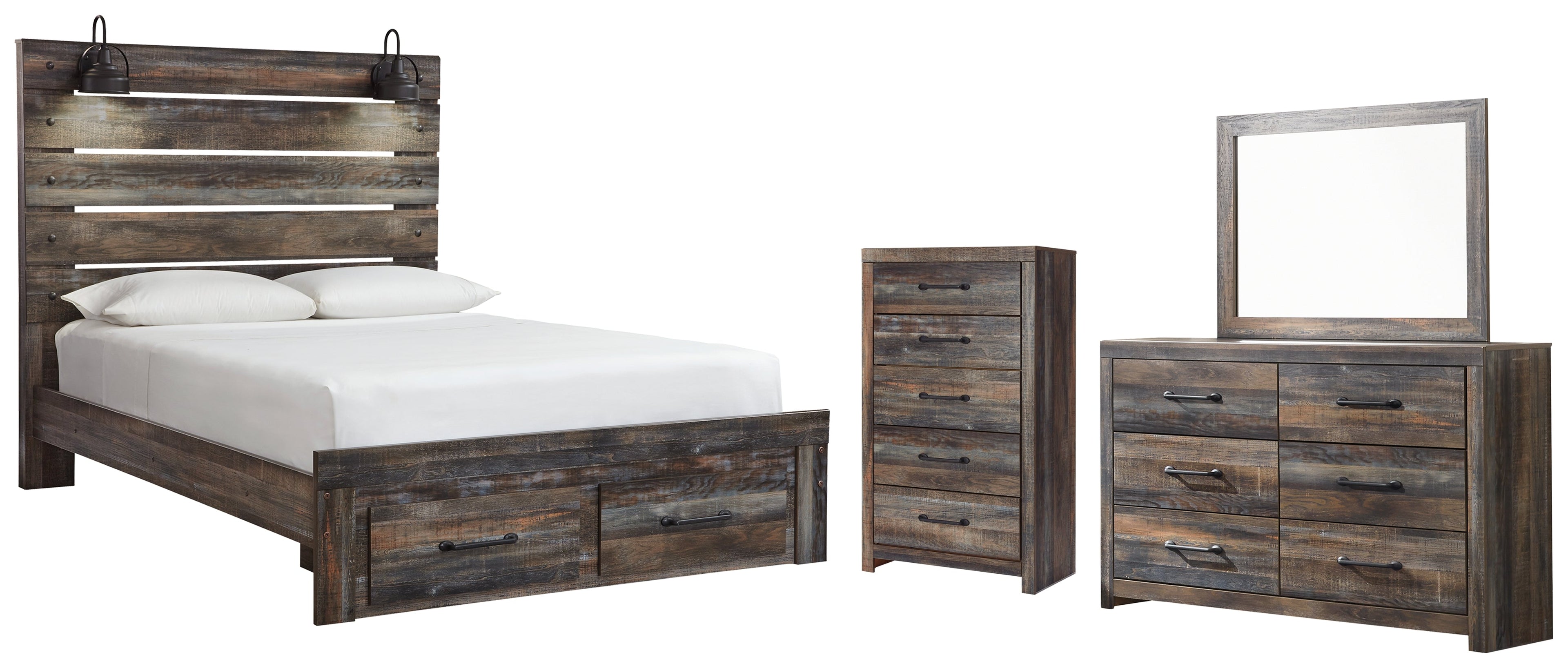 Drystan Queen Panel Bed with 2 Storage Drawers with Mirrored Dresser and Chest in Multi from Ashley - Luna Furniture