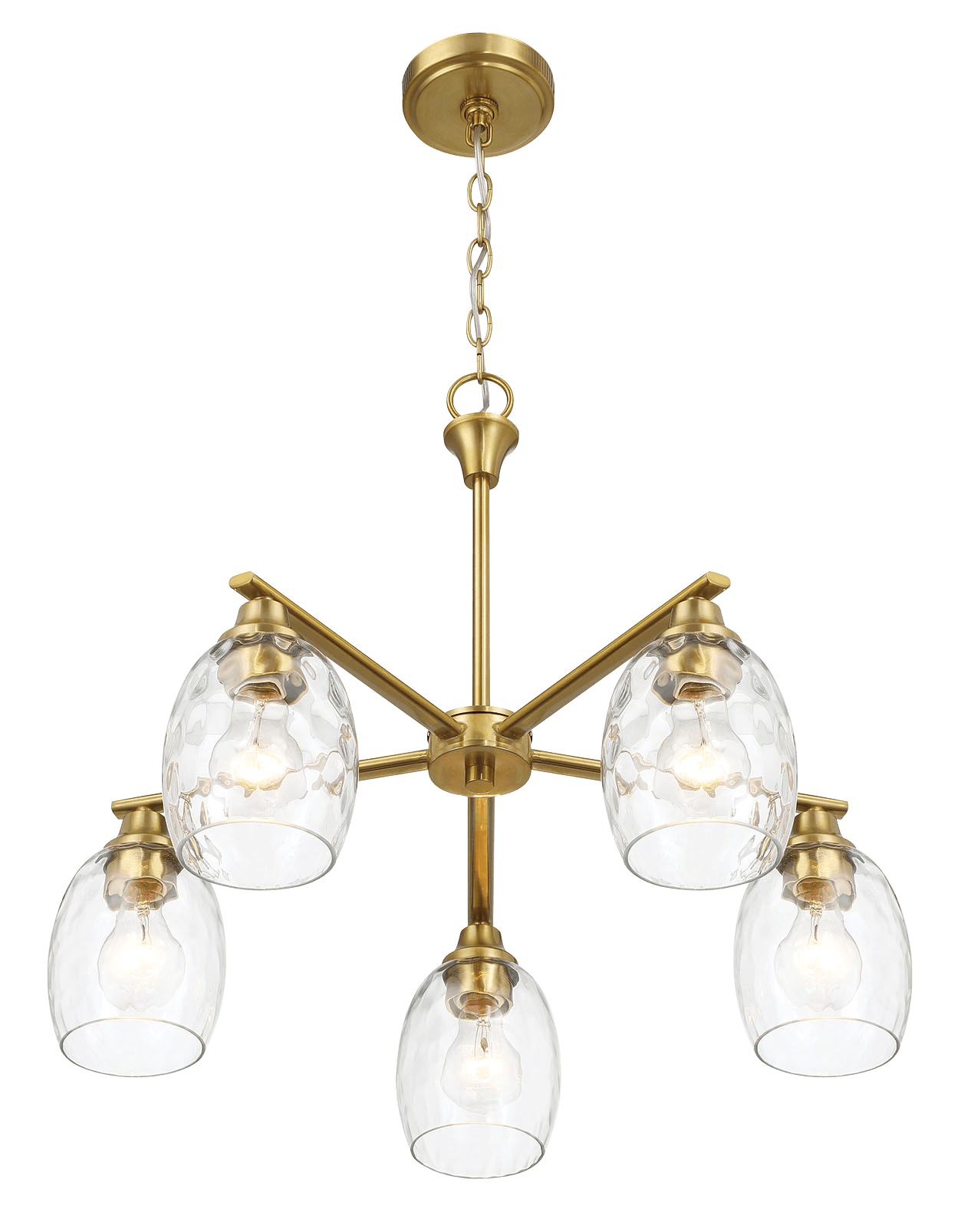 Elegance Five Lights Linear Arms with Golden Brass Finish Chain Chandelier 24"W × 8.5"H with Clear Water Glass - PNL03900401