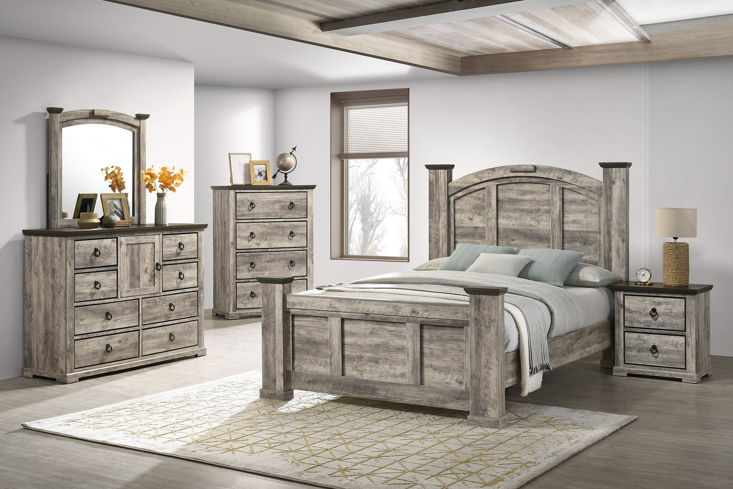 Ella-Mae Rustic Brown Queen Poster Bed - SET | B6840-Q-HBFB | B6840-Q-RAIL | B6840-KQ-POST - Bien Home Furniture & Electronics