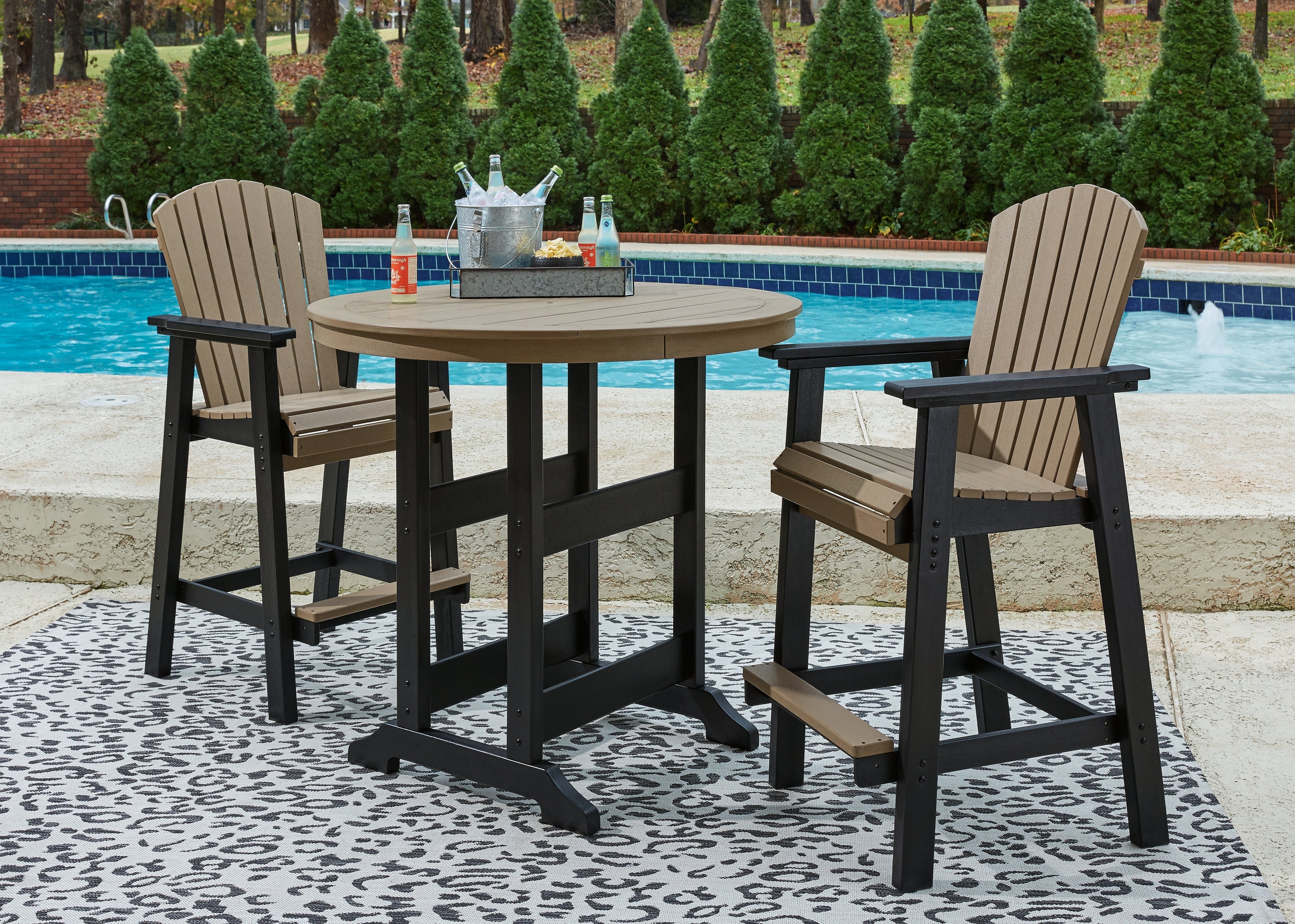 Fairen Trail Outdoor Bar Table and 2 Barstools in Black/Driftwood - PKG009512