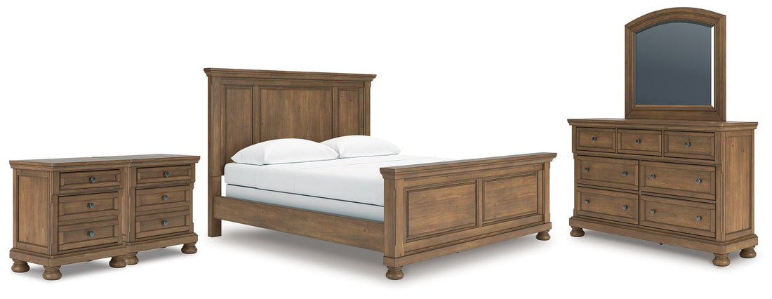 Feddinger California King Panel Bed with Mirrored Dresser and 2 Nightstands in Medium Brown from Ashley - Luna Furniture