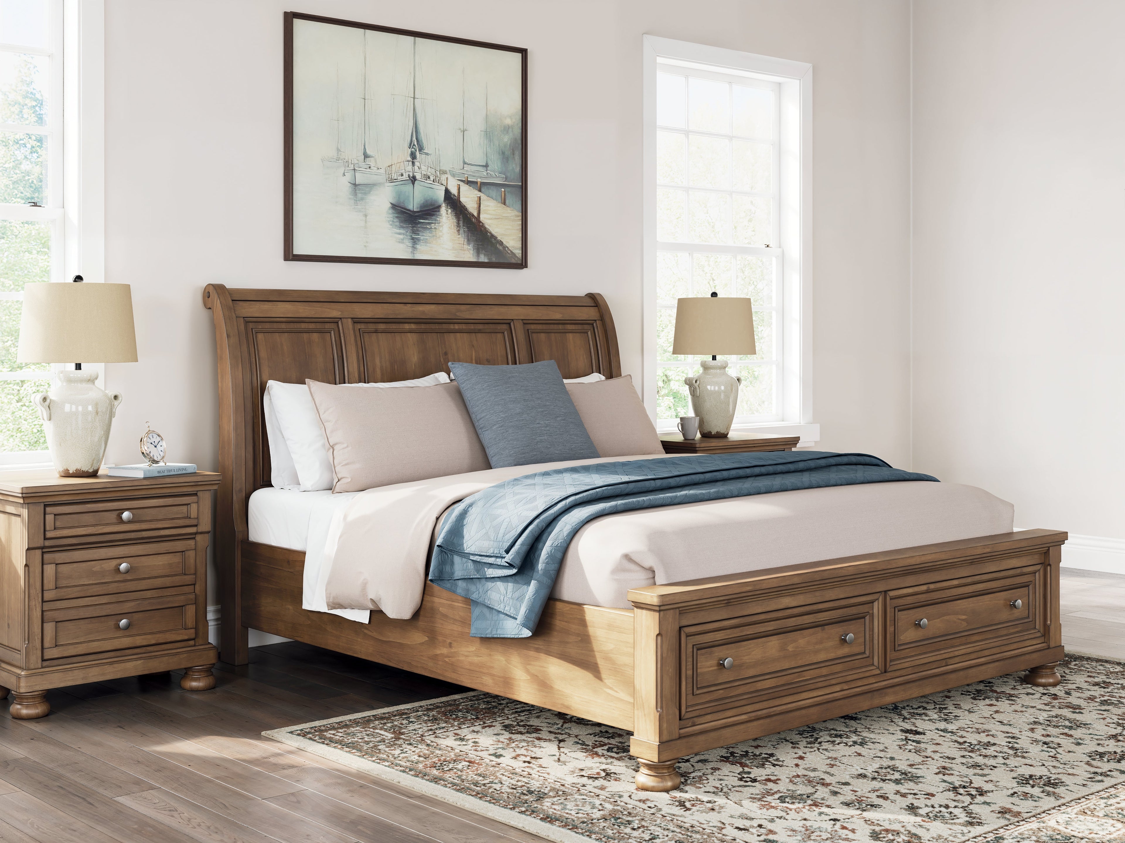 Feddinger California King Storage Sleigh Bed with Dresser and Nightstand in Medium Brown from Ashley - Luna Furniture