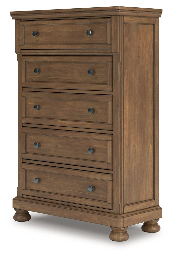 Feddinger King Panel Bed with Mirrored Dresser, Chest and 2 Nightstands in Medium Brown from Ashley - Luna Furniture