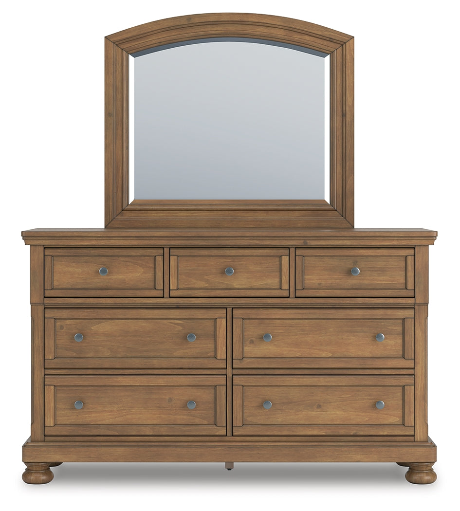Feddinger King Storage Sleigh Bed with Mirrored Dresser and Nightstand in Medium Brown from Ashley - Luna Furniture