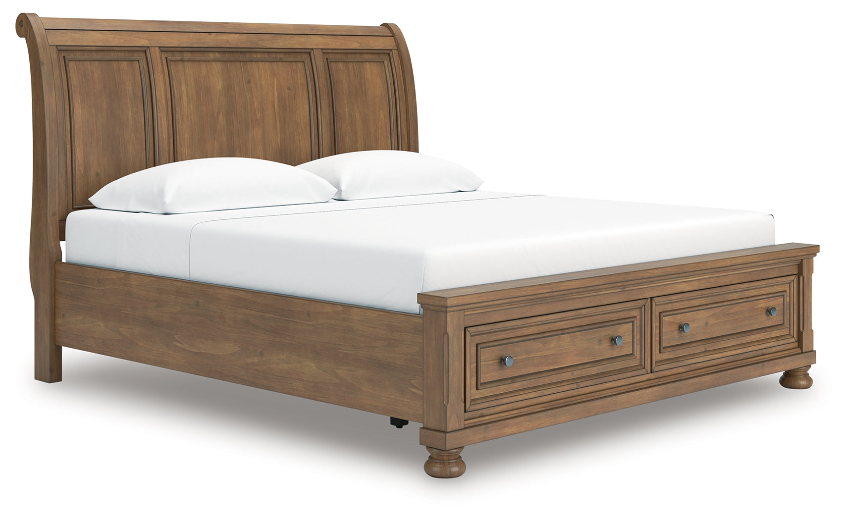 Feddinger King Storage Sleigh Bed with Mirrored Dresser and Nightstand in Medium Brown from Ashley - Luna Furniture