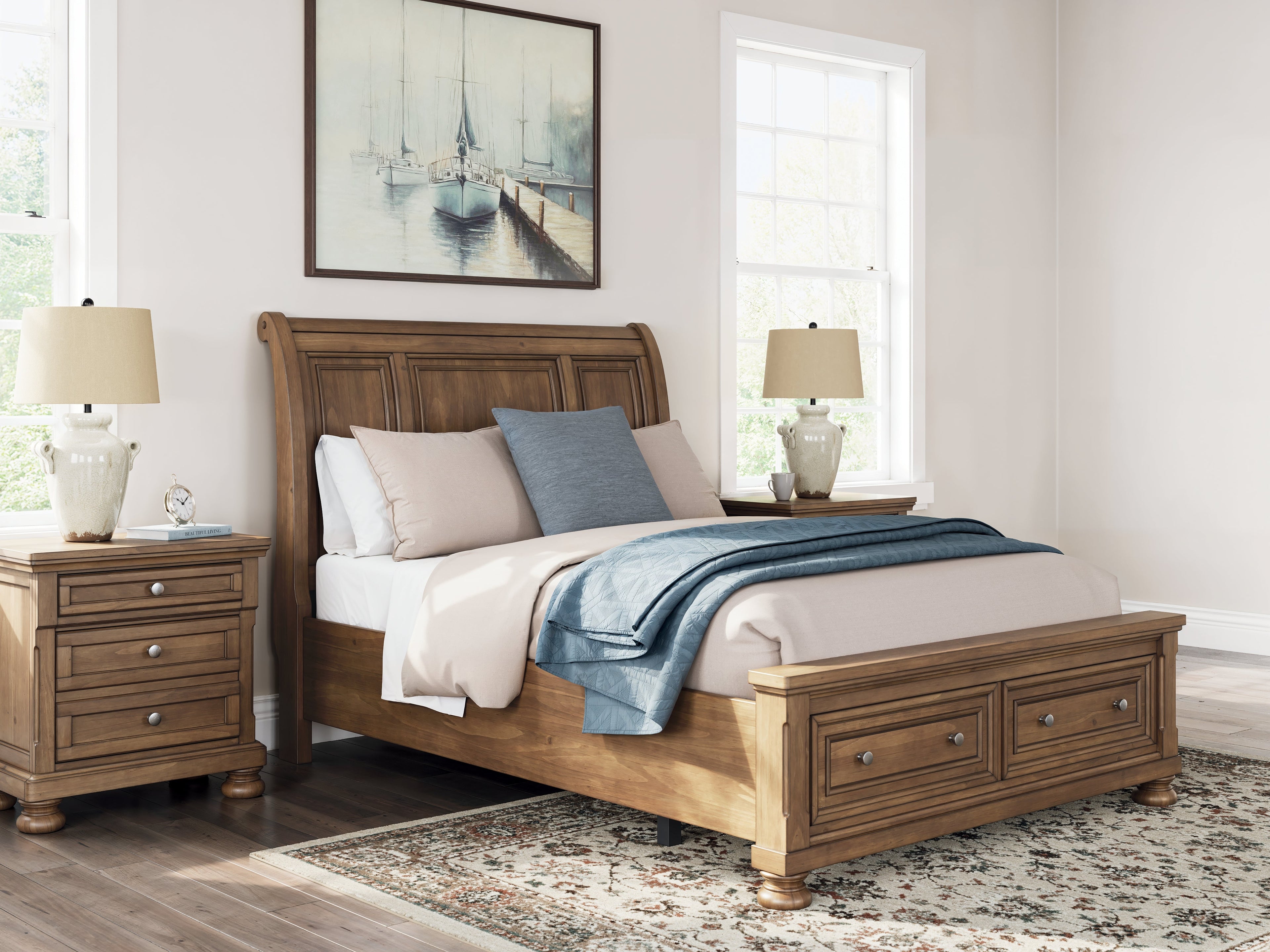 Feddinger Queen Storage Sleigh Bed with Mirrored Dresser and Chest in Medium Brown from Ashley - Luna Furniture