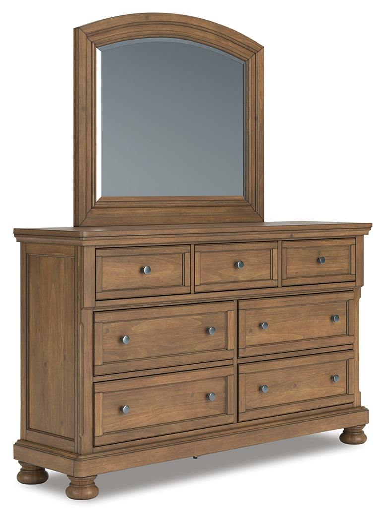 Feddinger Queen Storage Sleigh Bed with Mirrored Dresser and Chest in Medium Brown from Ashley - Luna Furniture