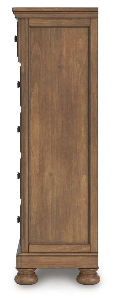 Feddinger Queen Storage Sleigh Bed with Mirrored Dresser, Chest and Nightstand in Medium Brown from Ashley - Luna Furniture