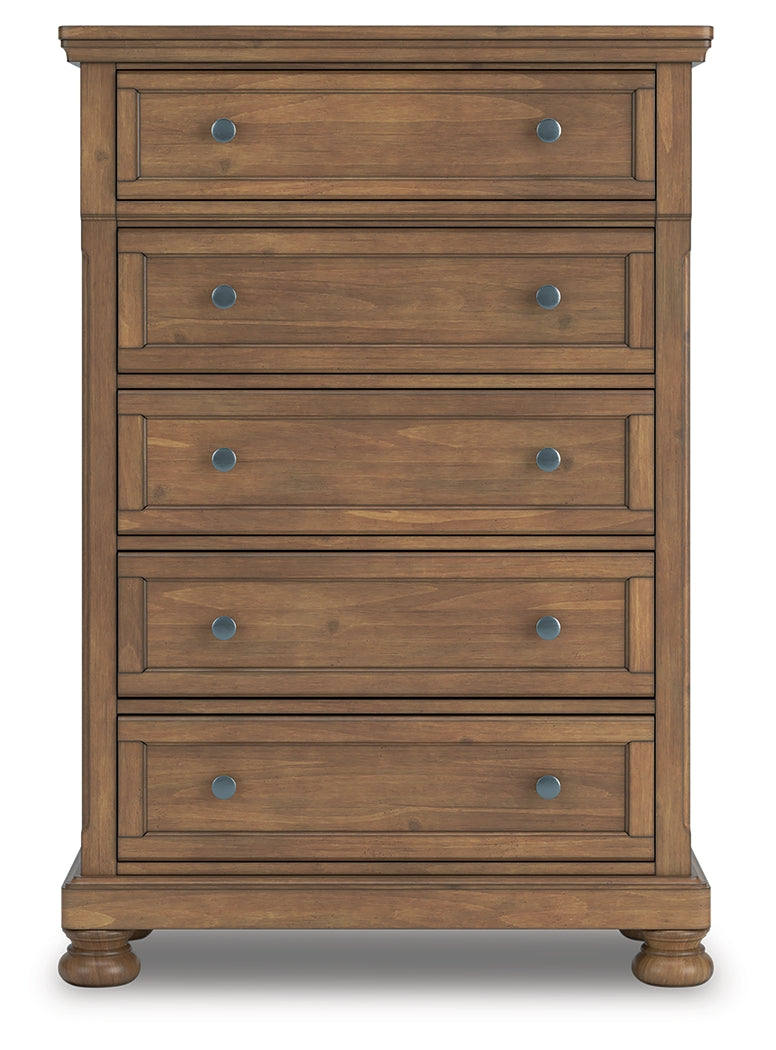 Feddinger Queen Storage Sleigh Bed with Mirrored Dresser, Chest and Nightstand in Medium Brown from Ashley - Luna Furniture