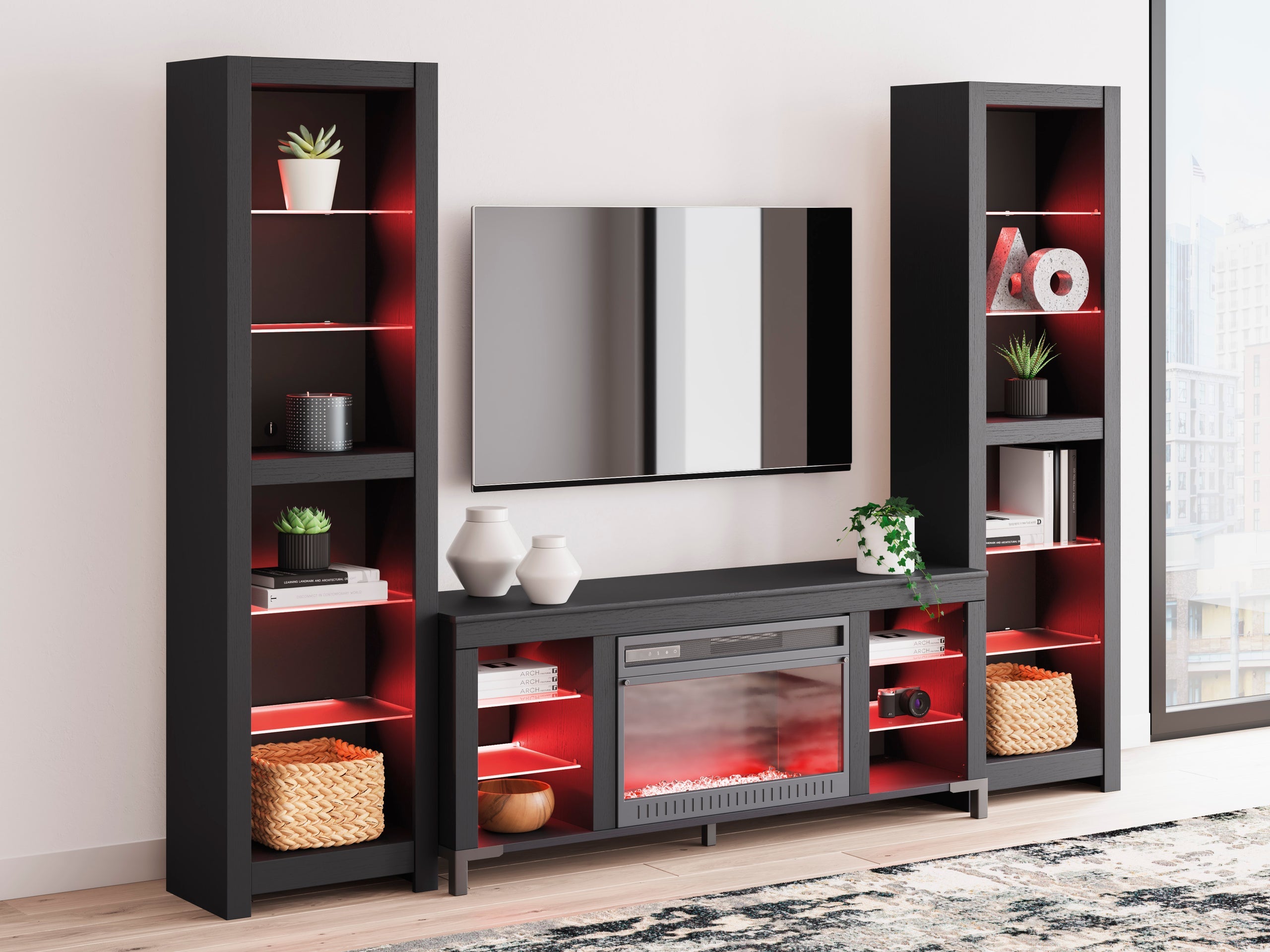 W2721 - TV Stand w/ Fireplace (LED Lights) *3PC SET (TV Stand+2 Piers) - W2721 - TV Stand w/ Fireplace (LED Lights) 3PC SET (TV Stand+2 Piers)