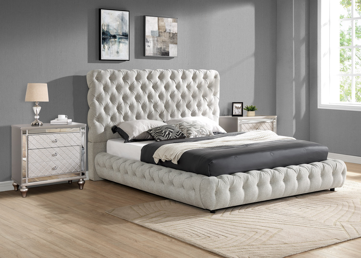 Flory Dove King Upholstered Platform Bed - SET | 5112DV-K-HBFB | 5112DV-KQ-RAIL