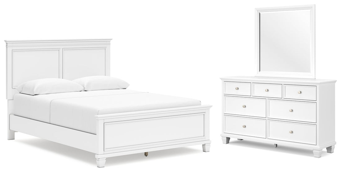 Fortman Queen Panel Bed with Mirrored Dresser in White from Ashley - Luna Furniture