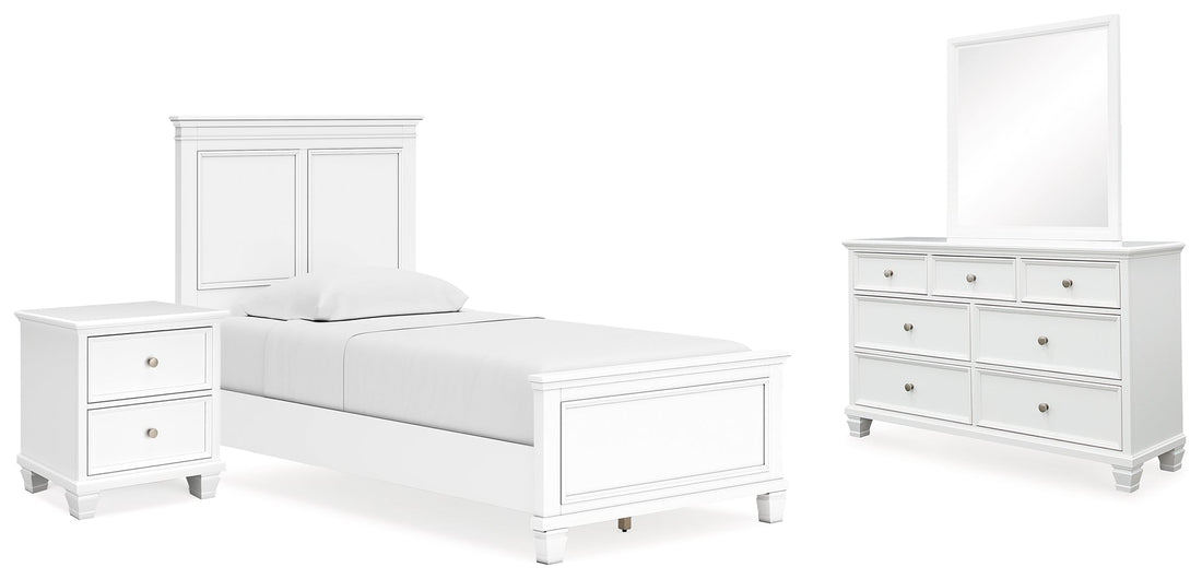 Fortman Twin Panel Bed with Mirrored Dresser and Nightstand in White - PKG015166