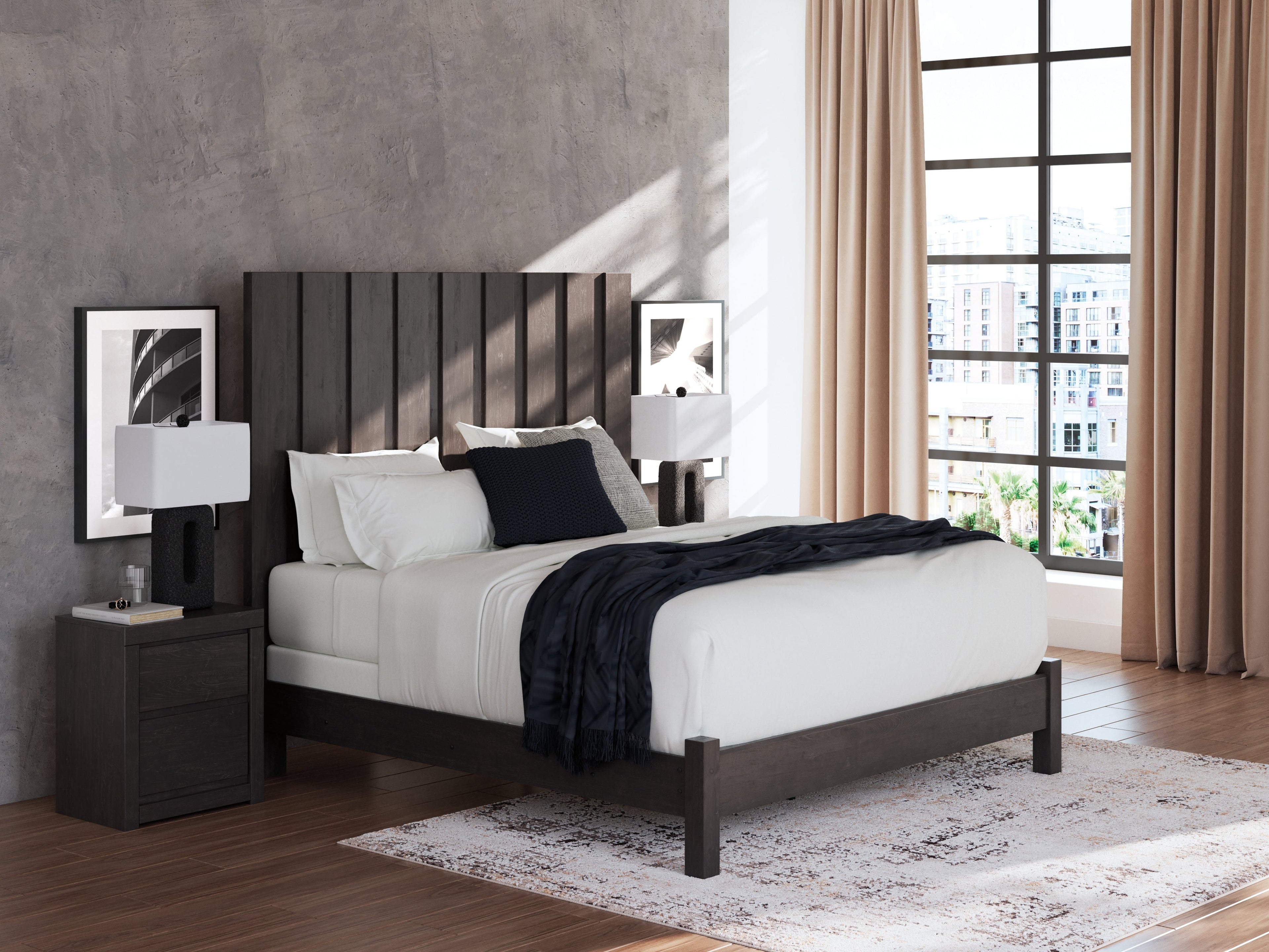 Fraluna King Panel Bed with Mirrored Dresser in Charcoal from Ashley - Luna Furniture