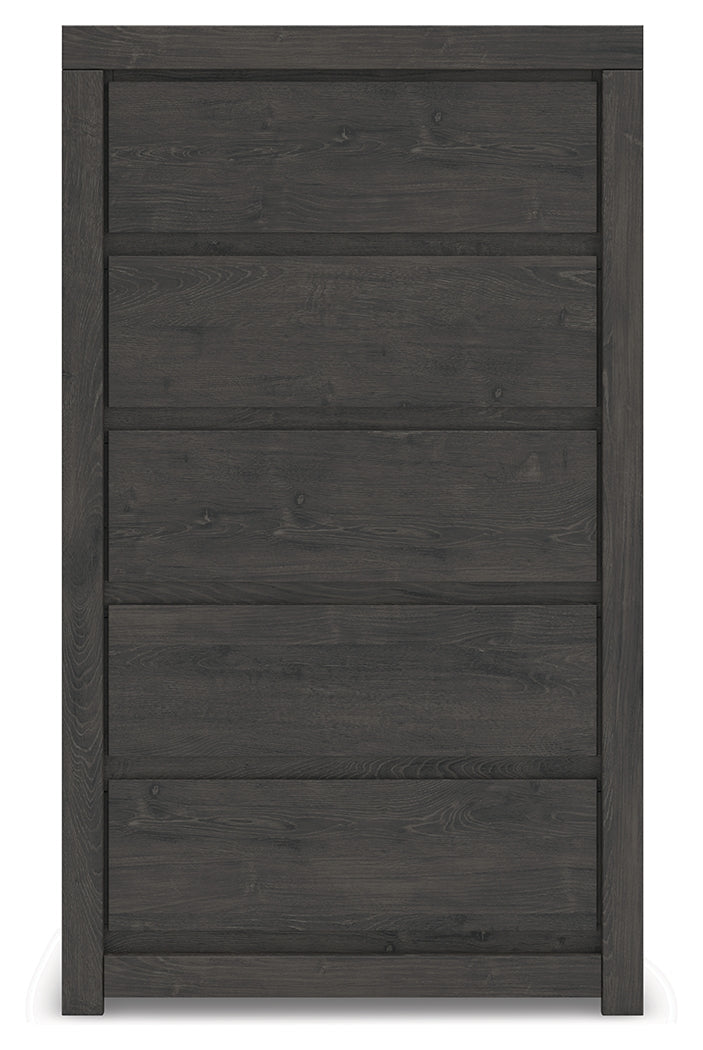 Fraluna Queen Panel Bed with Mirrored Dresser and Chest in Charcoal from Ashley - Luna Furniture