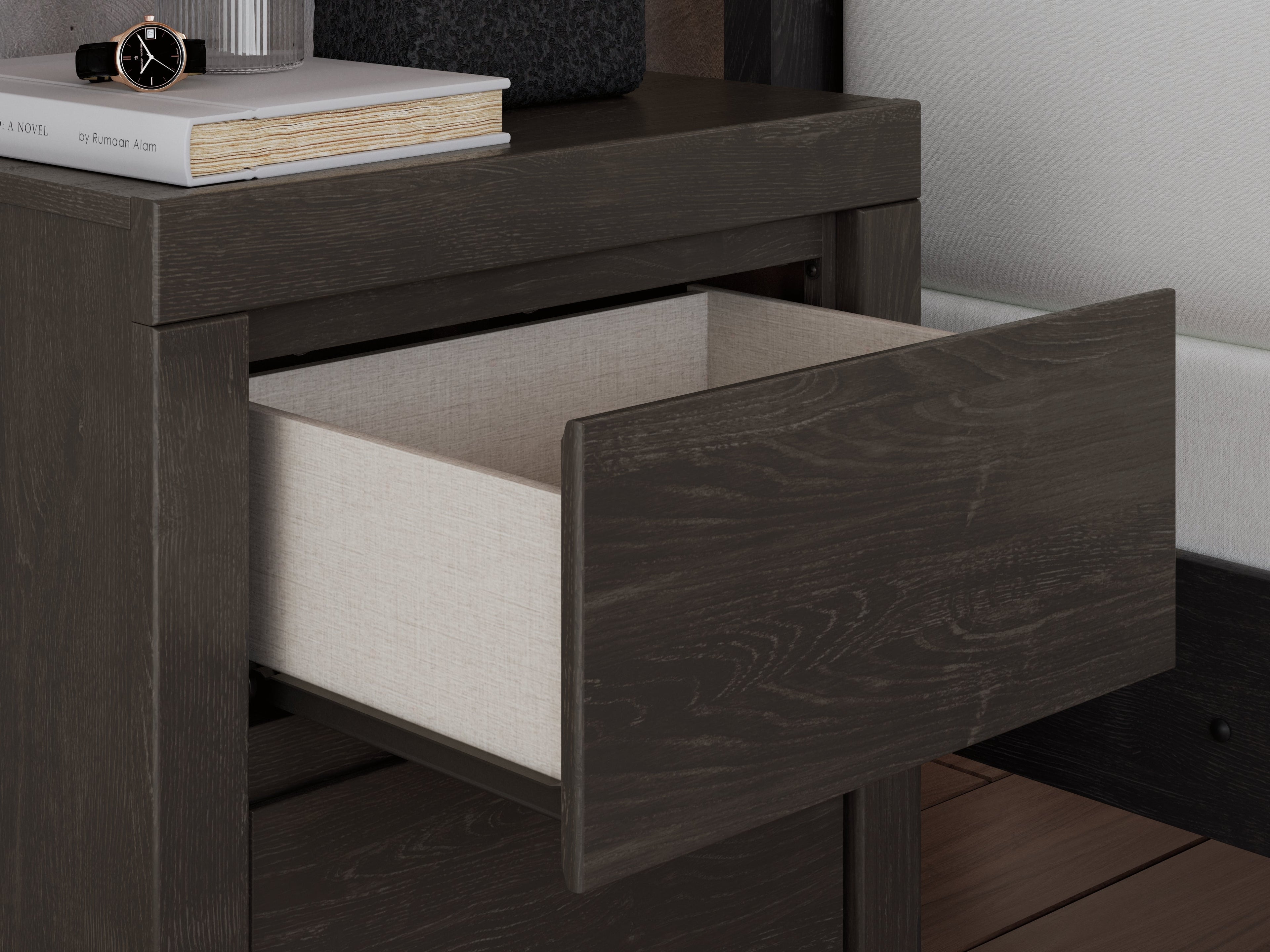 Fraluna Queen Panel Bed with Mirrored Dresser, Chest and Nightstand in Charcoal from Ashley - Luna Furniture