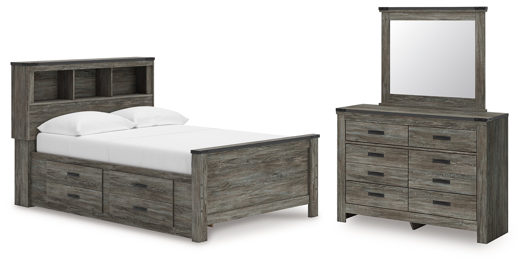 Frandern Full Bookcase Bed with Storage, Dresser and Mirror - B4480B11