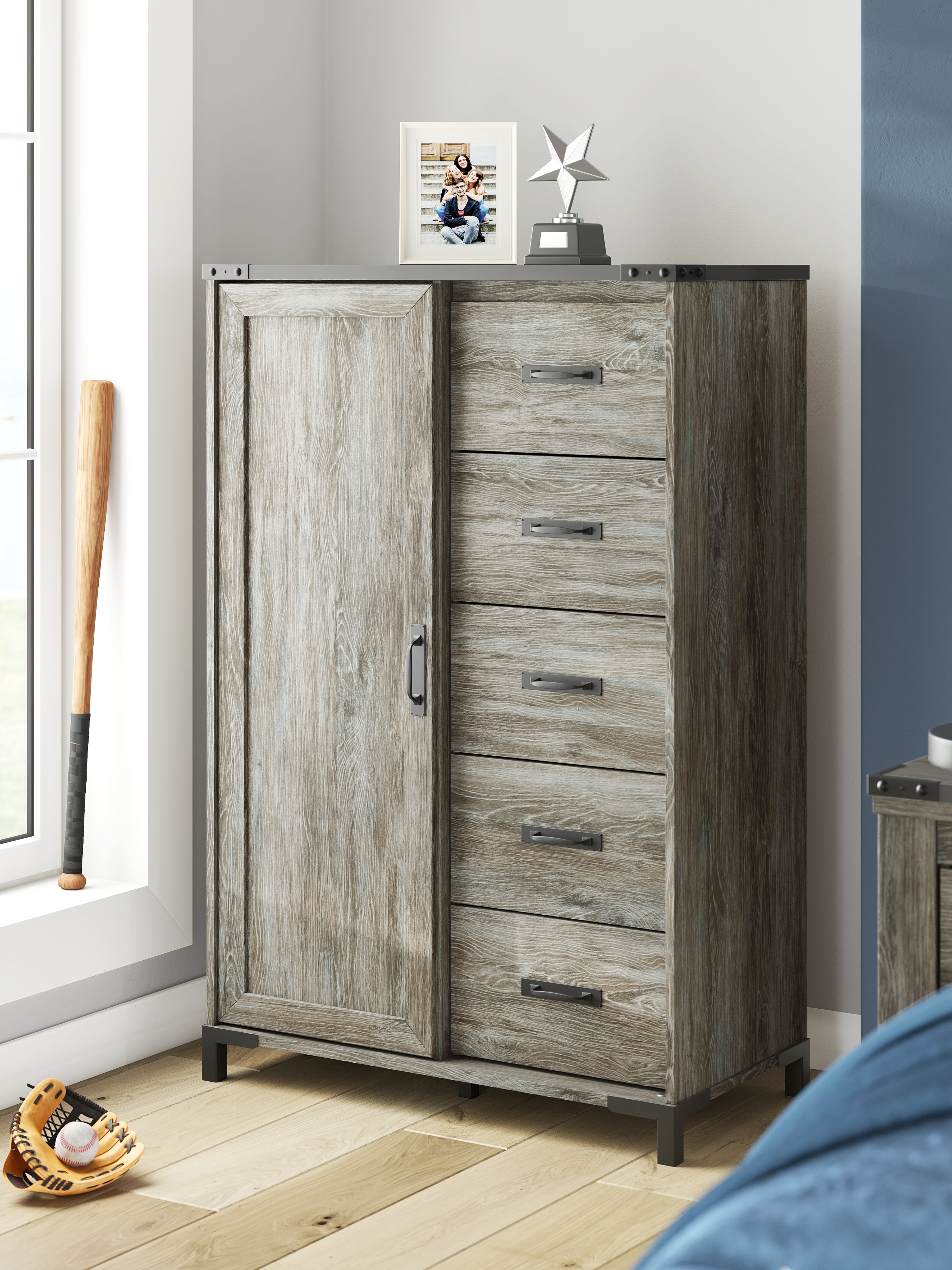 Frandern Full Bookcase Panel Bed with Storage, Dresser, Mirror and Chest - B4480B28