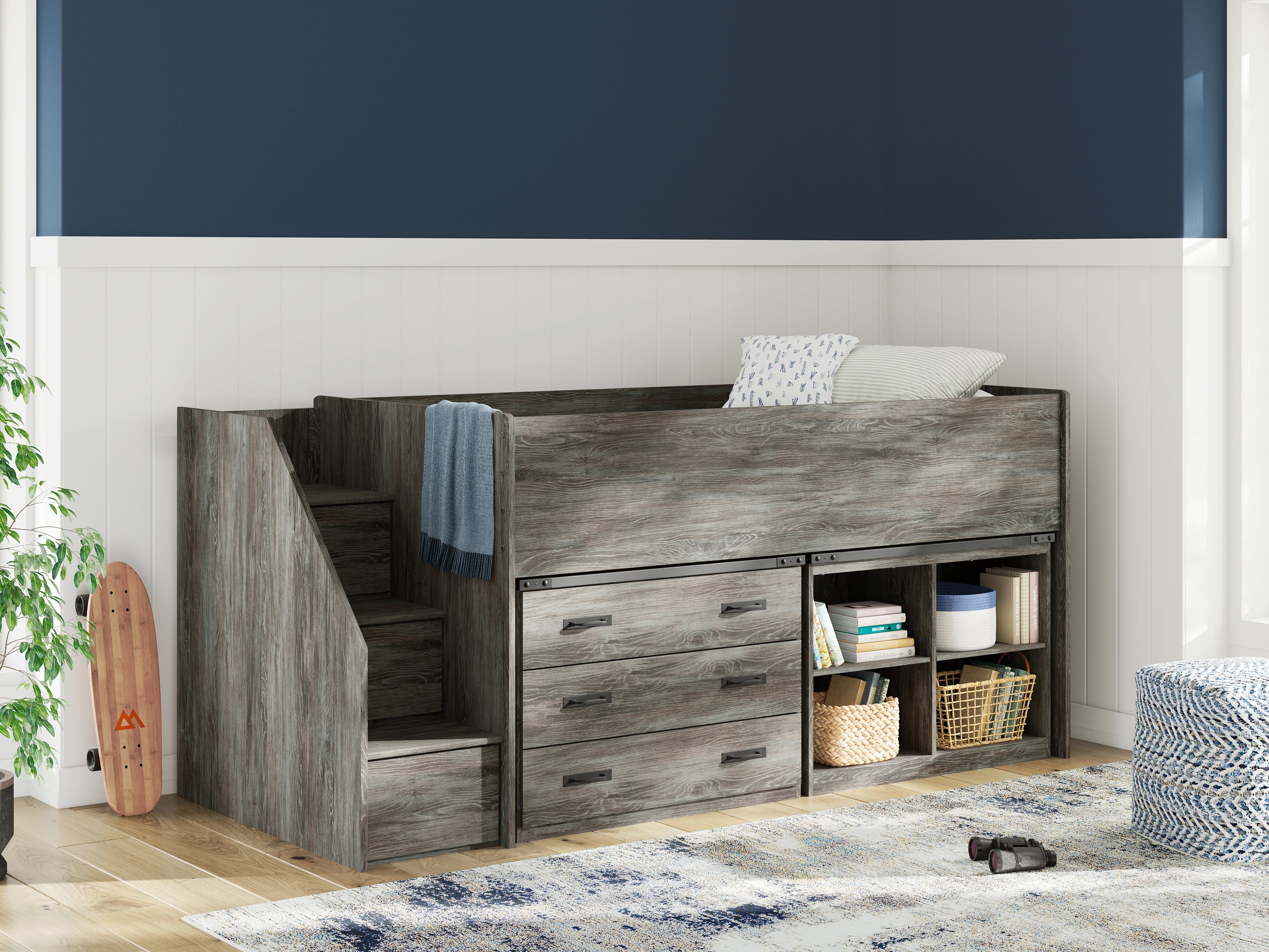Frandern Gray Twin Loft Bed with Bookcase and Drawer Storage - B4480B16