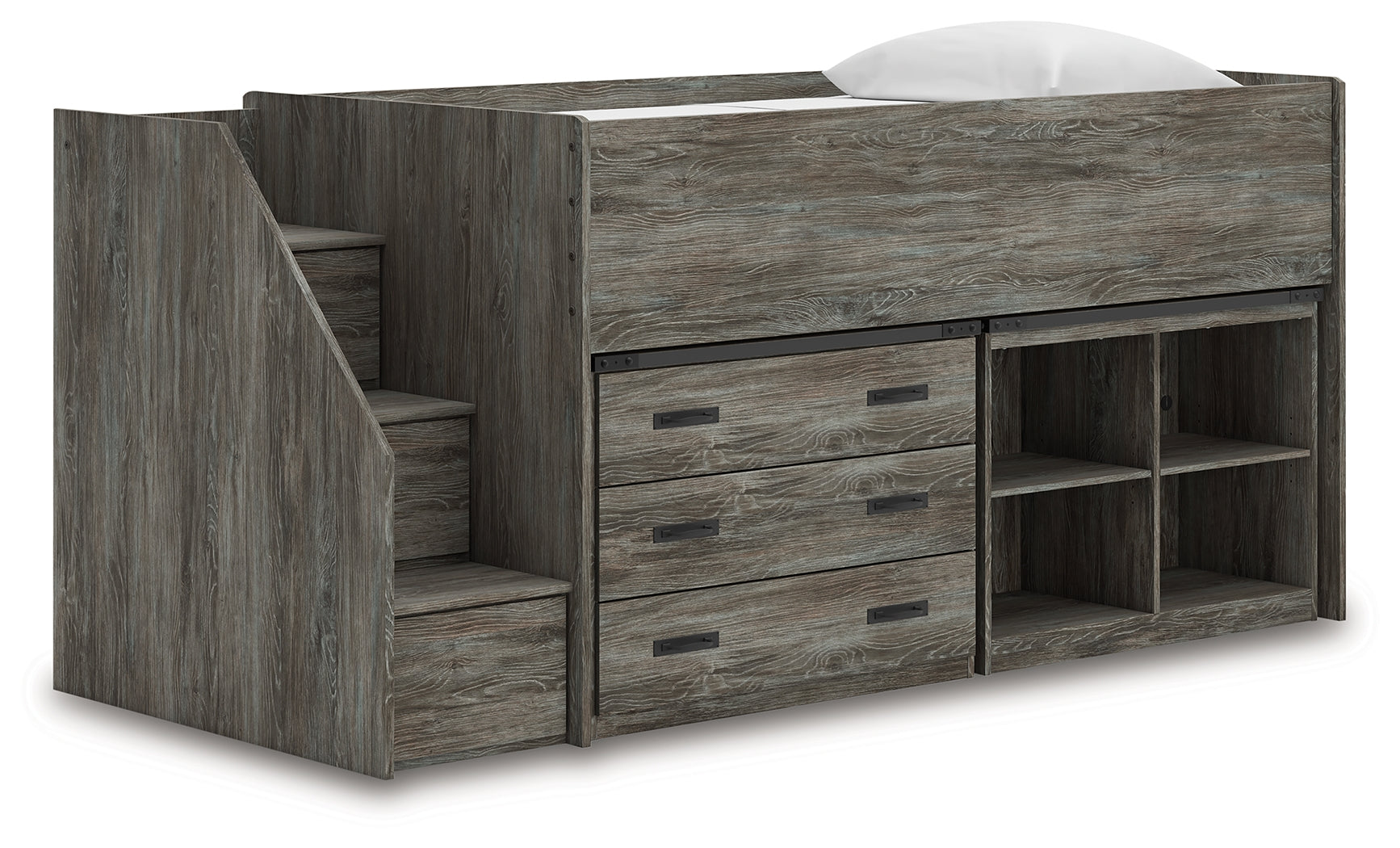 Frandern Gray Twin Loft Bed with Bookcase and Drawer Storage - B4480B16